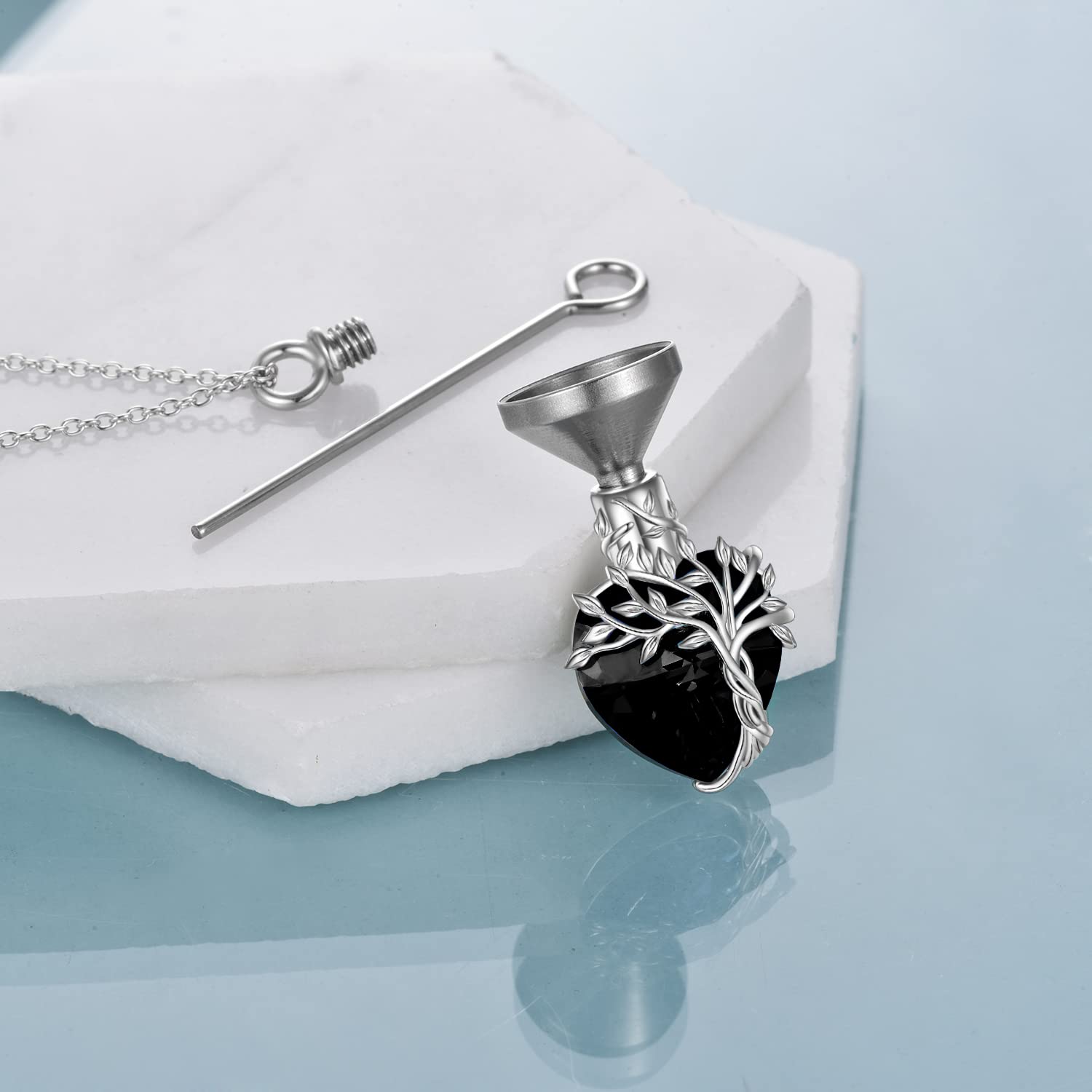 TOUPOP Sterling Silver Heart Tree of Life Urn Necklace - Cremation Jewelry for Ashes with Crystal & Funnel Filler - Memorial Keepsake Gift for Women, Mothers, Daughters (Perfect for Remembrance, Sympathy & Special Occasions)