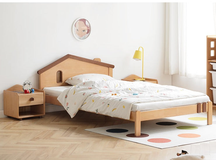 Kids Wooden Bed with Night Light - Beech & Poplar Little House Design with 15-Minute Auto Light Off - Perfect for Bedrooms, Playrooms & Cozy Sleep Spaces