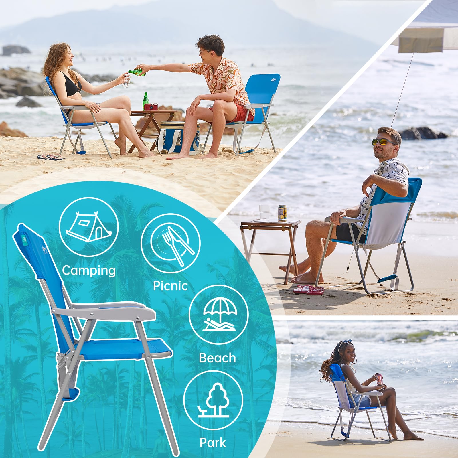 WEJOY Lightweight Folding Beach Chair for Adults - Portable High Back Camping Chair with Shoulder Strap & Hard Armrests - 300lbs Capacity - Perfect for Beach, Poolside, Camping, Picnics, Concerts & Outdoor Relaxation (Blue)