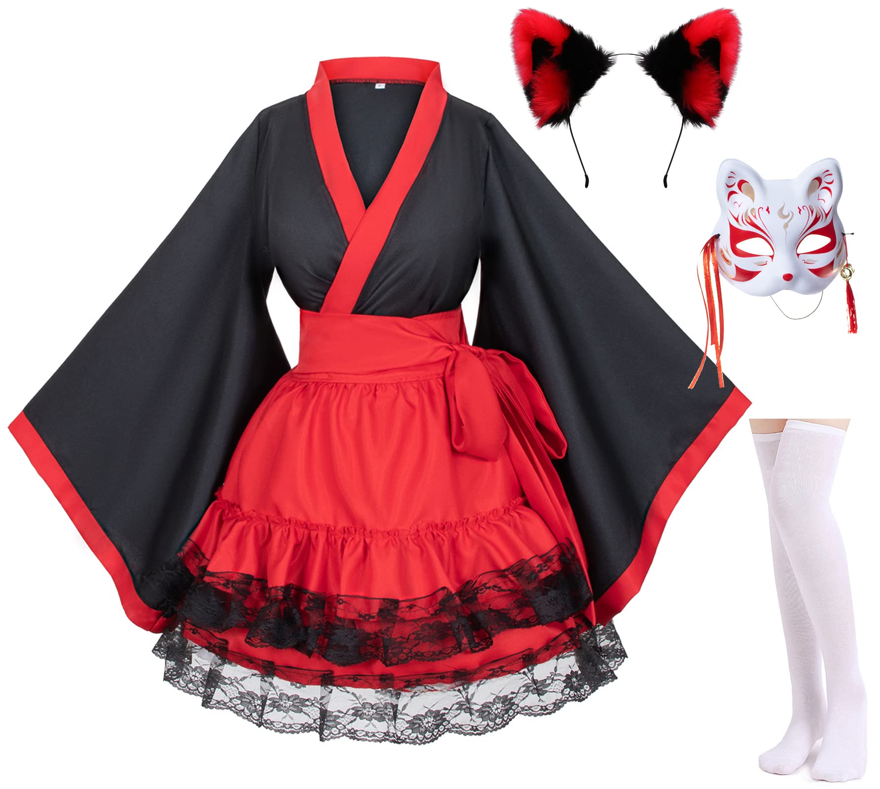 Japanese Anime Red and White Fox Kimono Cosplay Costume Set with Tabi Socks - Perfect for Halloween, Cosplay Events, Anime Conventions, and Themed Parties