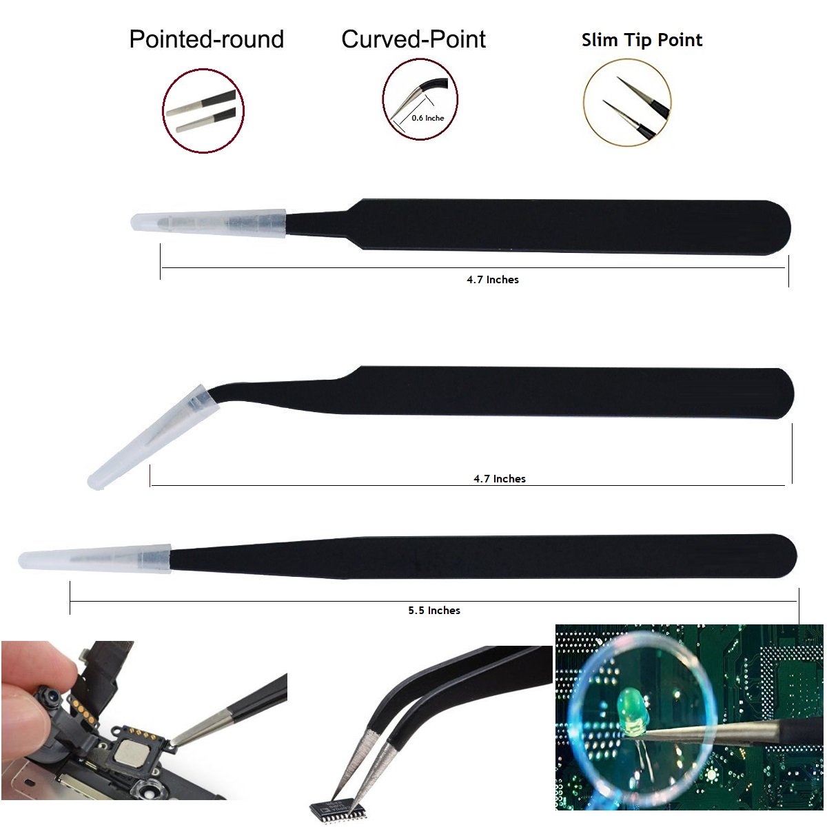 PagKis Set of 3 ESD Safe Tweezers for Electronics Repair - Slim Pointed, Round Blunt & Curved Tips | Precision Tools for Circuit Board, Jewelry Making & Watch Repair | Anti-Static Stainless Steel Tweezers Kit