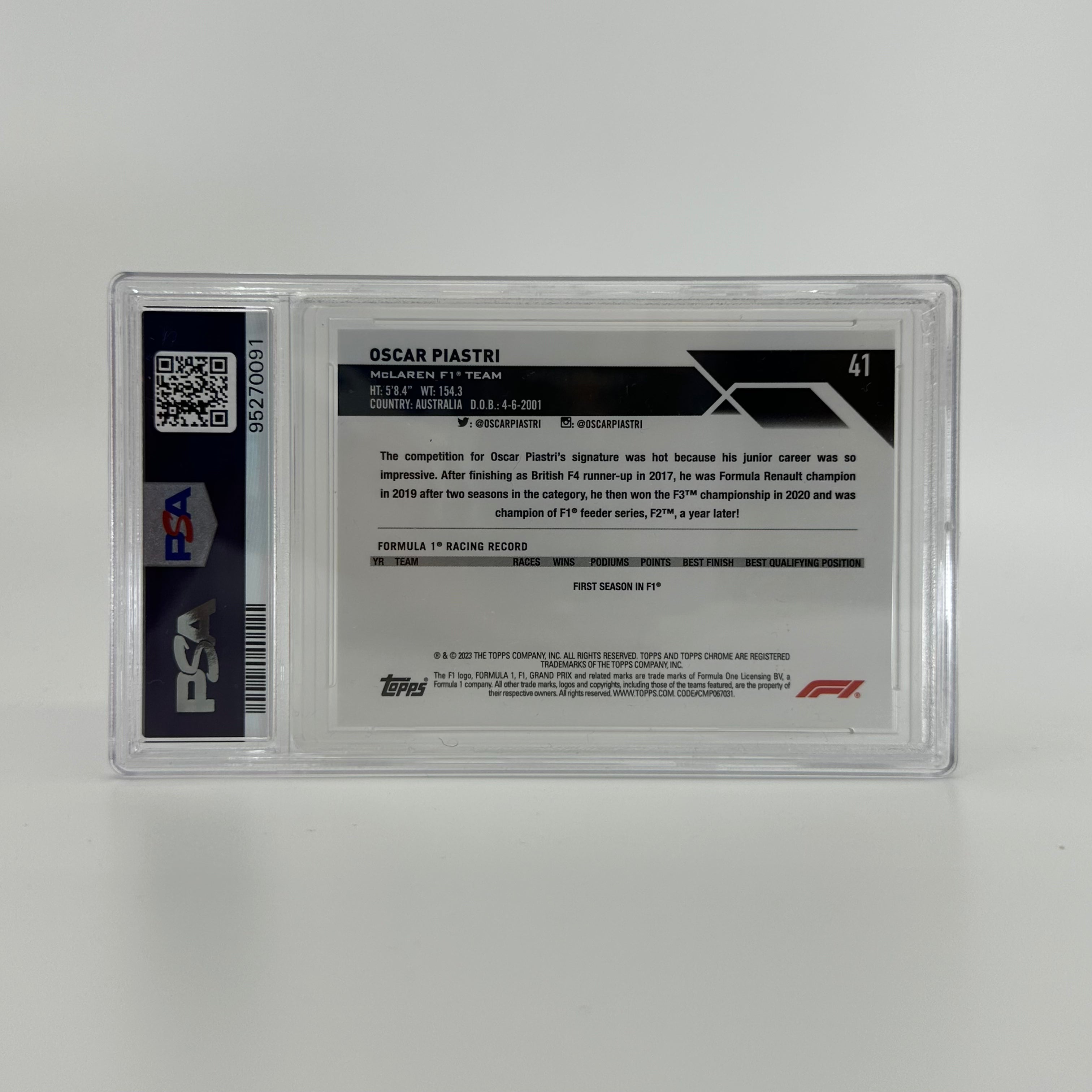 PSA 9 Oscar Piastri #41 Fuchsia Lava 2023 Topps Chrome F1 Rookie Card 008/250 - Collectible Racing Memorabilia for F1 Fans & Sports Card Investors - Perfect for Display, Trading, and Portfolio Diversification
