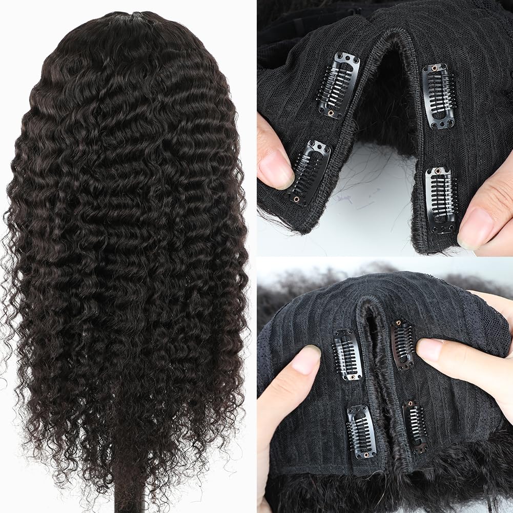 V SHOW 20 Inch V Part Deep Wave Human Hair Wigs - Glueless No Leave Out Curly Wave U Part Wig 150% Density (Natural Black) for Women | Perfect for Daily Wear, Parties & Special Occasions