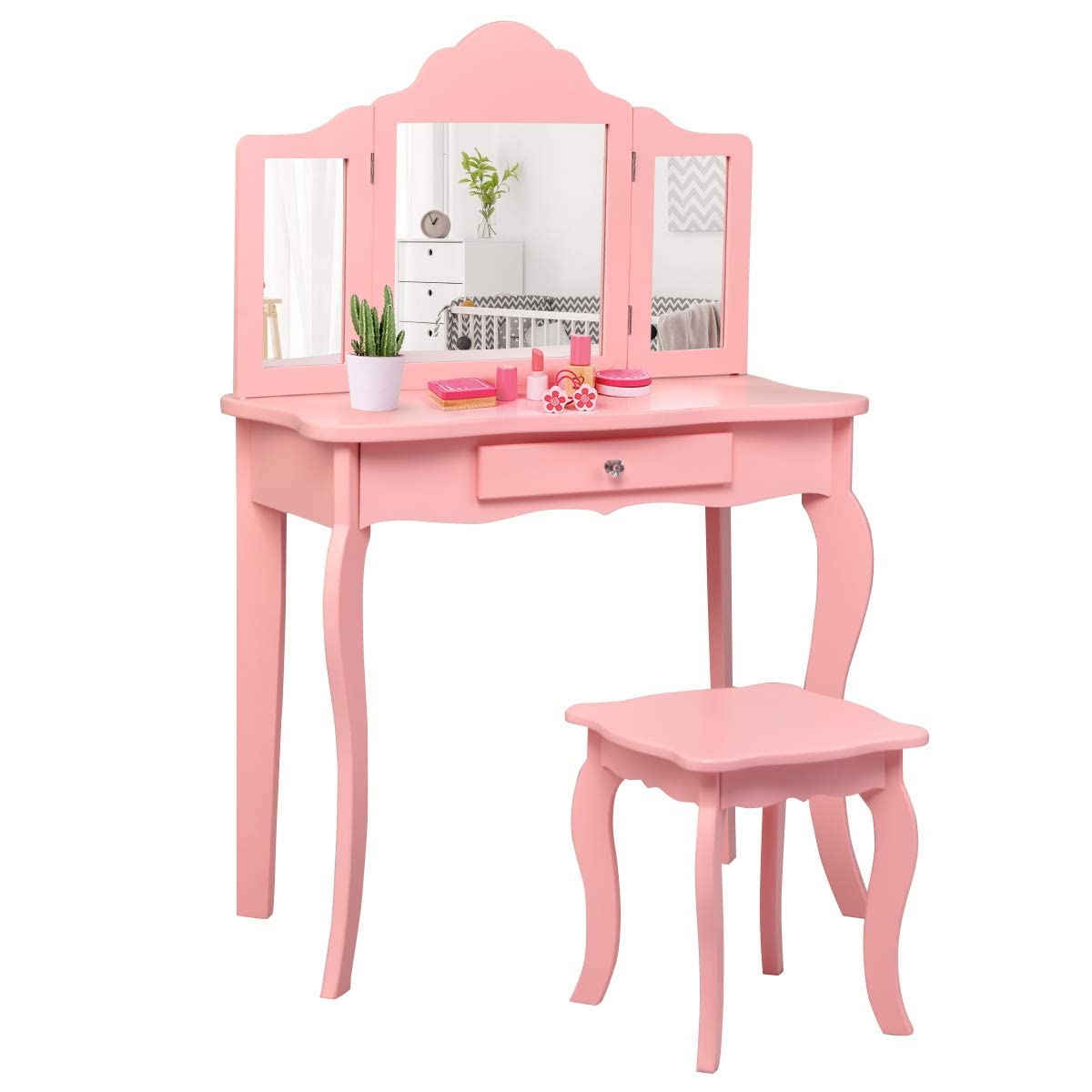 INFANS Kids Wooden Princess Vanity Table & Chair Set - 2-in-1 Toddler Vanity with Stool, Tri-Folding Mirror & Large Drawer - Pretend Play Beauty Makeup Dressing Set for Little Girls - Perfect for Bedroom Decor, Birthday Gifts & Role Play Activities
