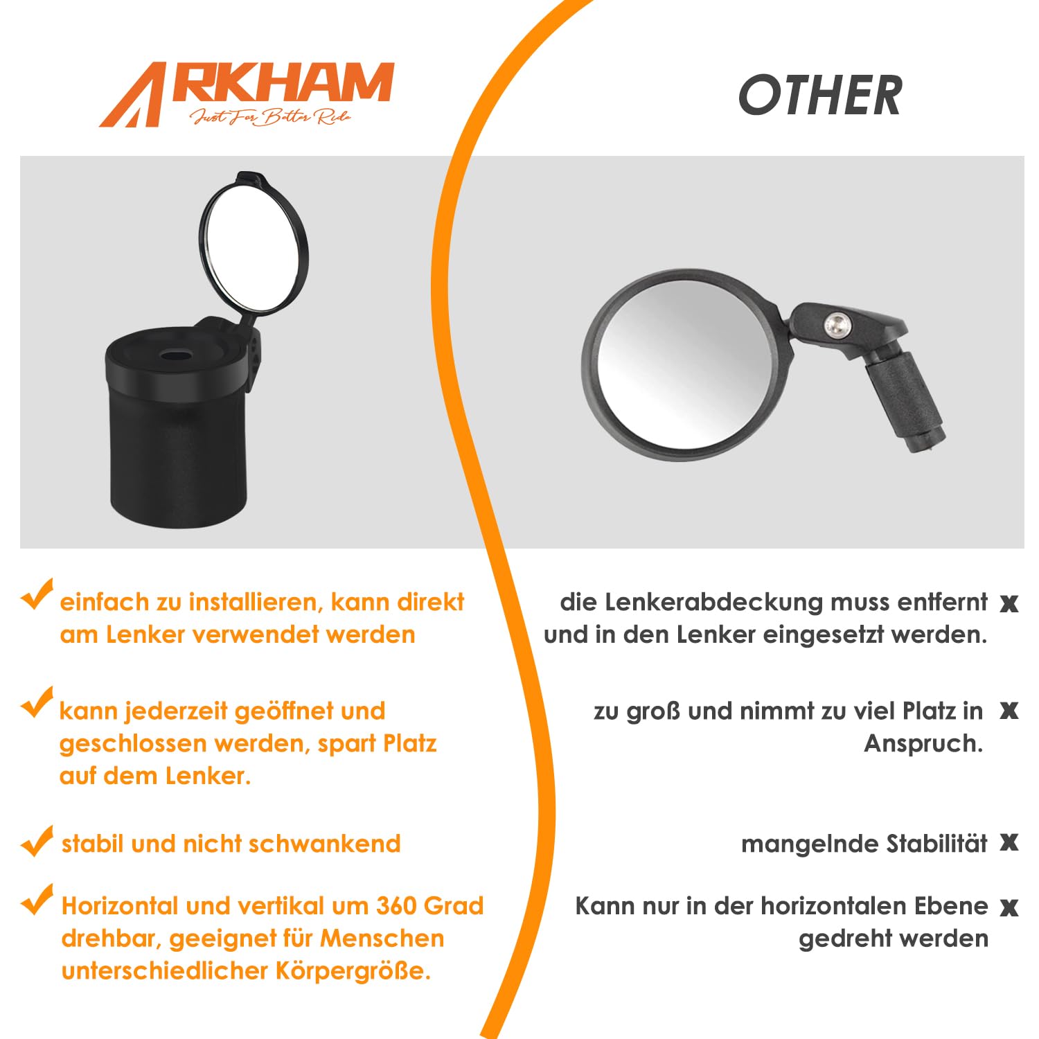 Arkham Bicycle Handlebar Mirror - Foldable 360° Rotating Rear View Mirror with Rubber Mount for Mountain & Road Bikes (Pair) - Perfect for Commuting & Trail Riding Safety