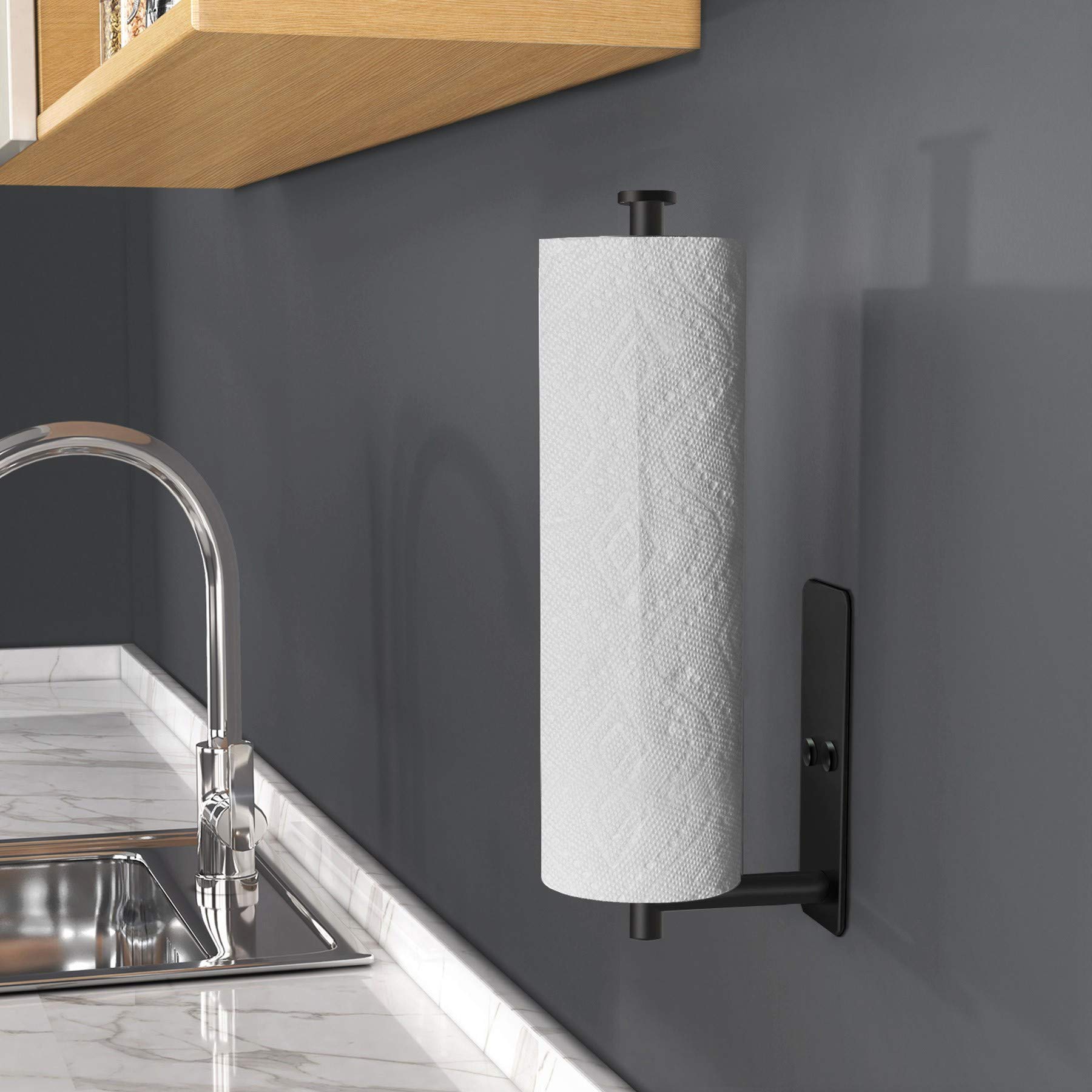 VAEHOLD Self-Adhesive Under Cabinet Paper Towel Holder - Wall Mount Stainless Steel Paper Towel Roll Rack for Kitchen & Bathroom - SUS304 Black | Space-Saving Solution for Small Kitchens & Compact Bathrooms