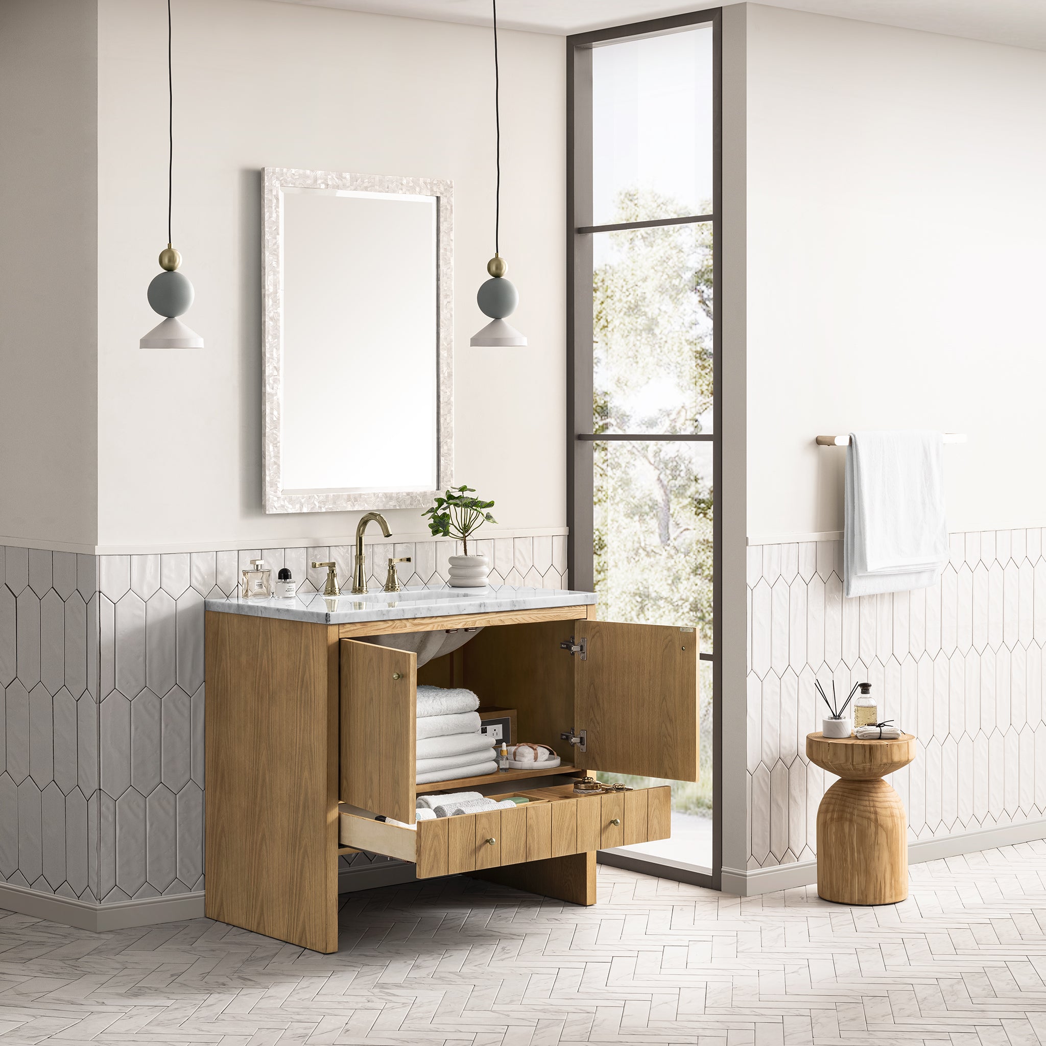 Hudson 36 Inch Single Bathroom Vanity with 3CM Carrara Marble Top in Light Natural Oak - Perfect for Modern Master Bathrooms and Powder Rooms