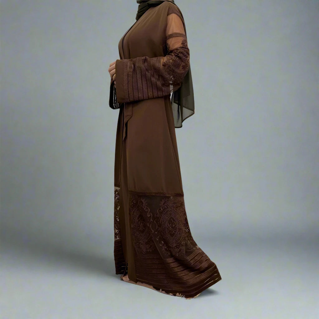 Elegant Muslim Women's Mesh Embroidery Cardigan Open Abaya Dress - Modest Islamic Fashion for Prayer, Mosque & Special Occasions