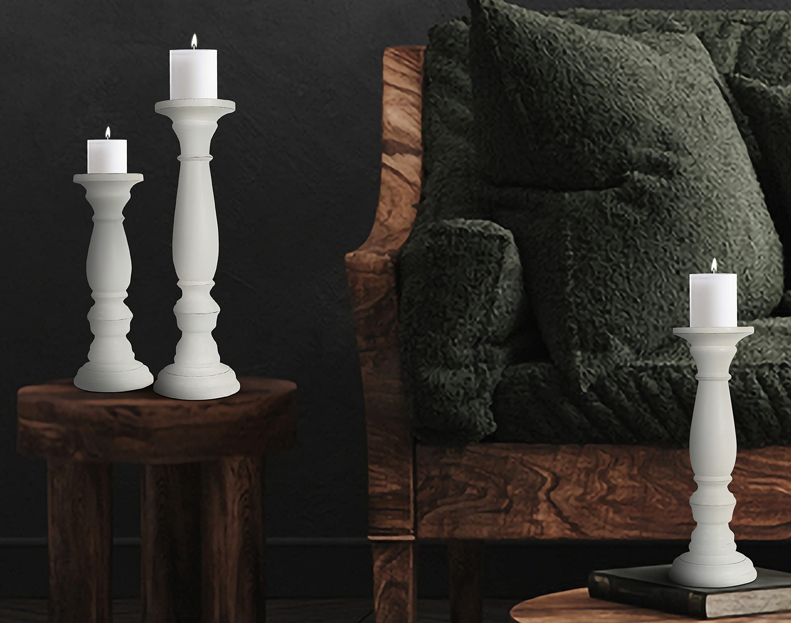 Wooden Candle Holder Stand Set of 3 - 16,14,12 Inch White Country Style Candelabra for Wedding Unity Ceremony, Party Decor & Home Spa Relaxation | Rustic Home Decor & Thoughtful Gift Idea