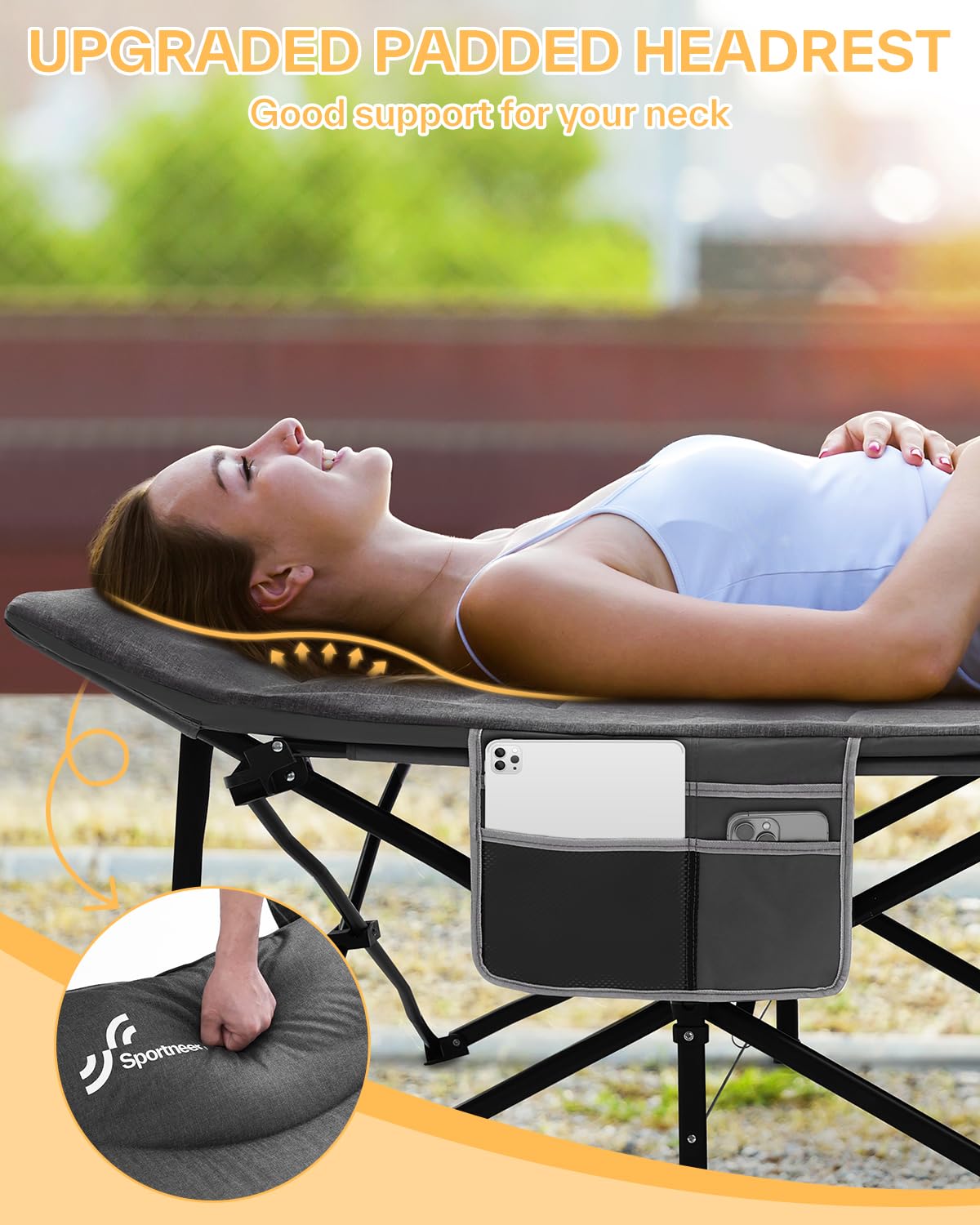 Sportneer Extra Wide Heavy Duty Folding Camping Cot for Adults - Padded Cushion with Headrest, Portable Sleeping Bed for Camping, Tent, Office & Travel - Durable Foldable Cot for Outdoor Adventures & Guest Accommodation