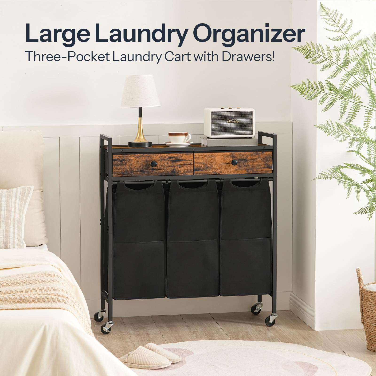 HOOBRO 3-Section Laundry Sorter Hamper with 2 Drawers & Removable Bags, 130L Rolling Laundry Basket for Bedroom, Bathroom, and Laundry Room Organization - Rustic Brown & Black (Model BF78XY01) | Perfect for Small Spaces, Apartments, and Home Organization