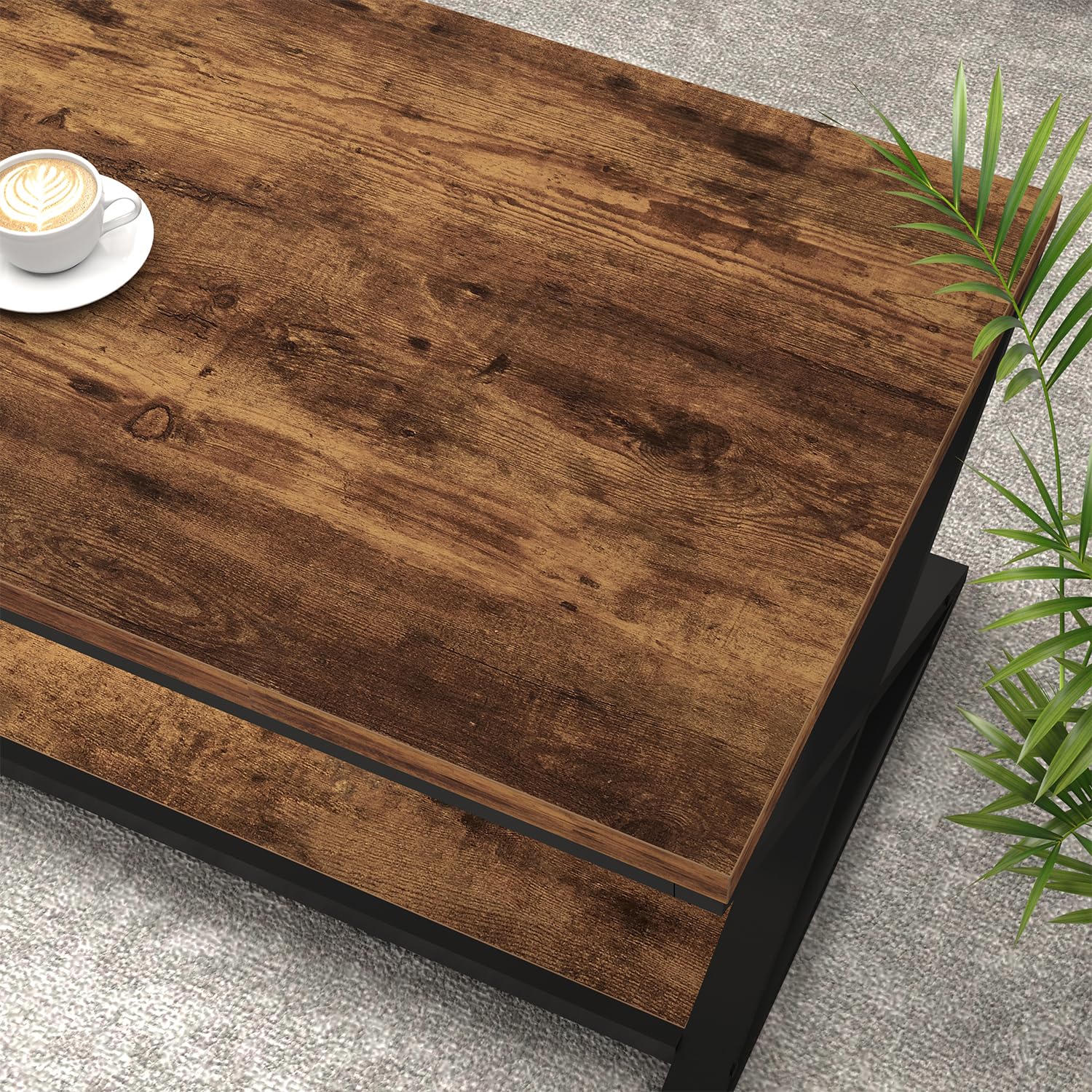 HSH Rustic Brown Wood Coffee Table with Storage - 39 Inch Modern Farmhouse 2-Tier Center Table for Living Room, Home Office & Bedroom | Rectangle Cocktail & Tea Table for Minimalist Decor & Small Space Organization
