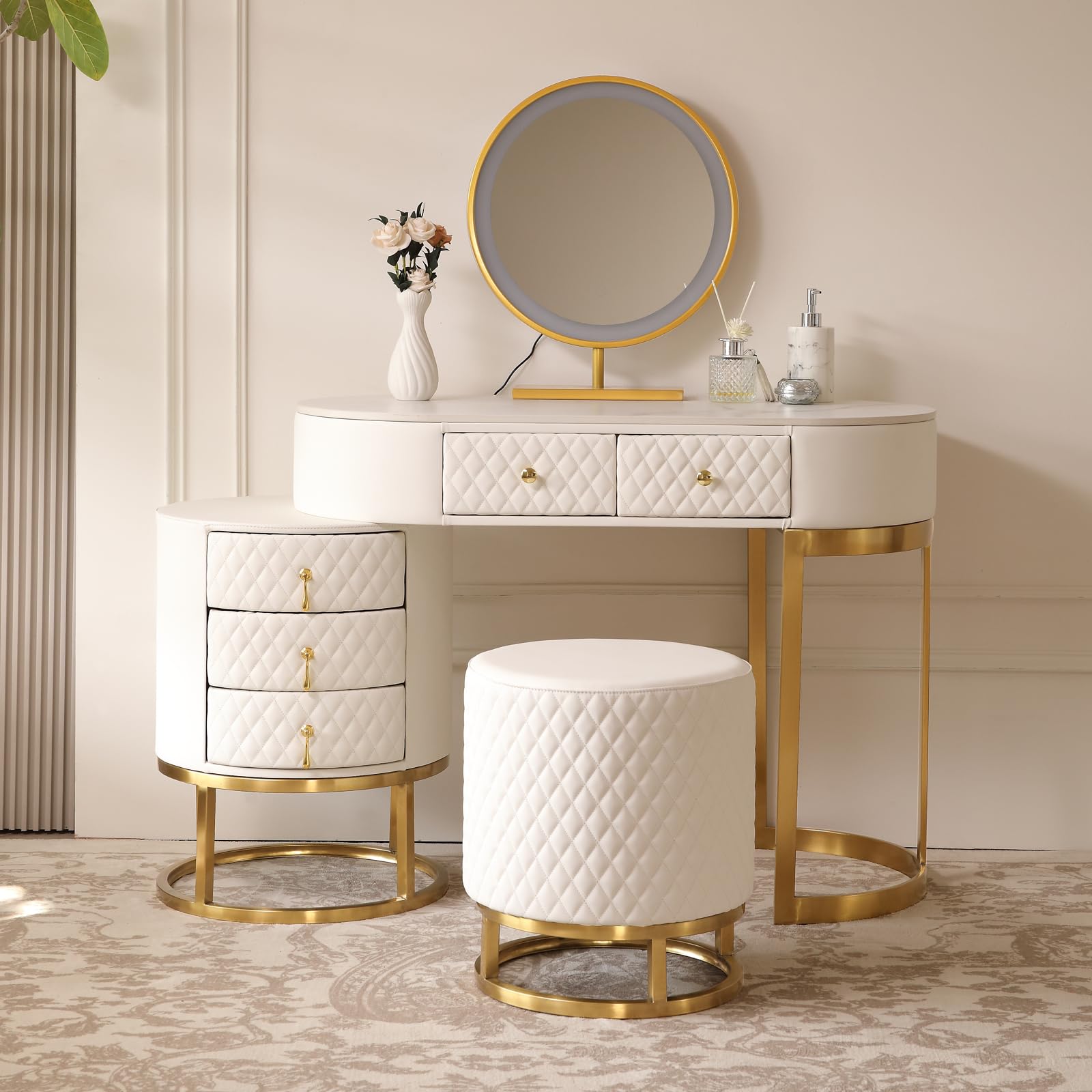 Luxury White Faux Leather Vanity Desk Set with LED Mirror & Stool - Perfect for Dressing & Makeup