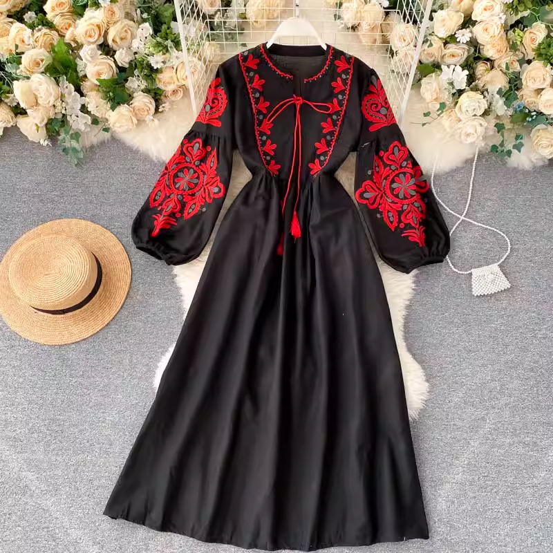 Bohemian Embroidered Floral Sundress - Women's Round Neck Pleated Loose Summer Dress with Floral Design | Perfect for Beach Vacation, Music Festival & Boho Chic Outfits