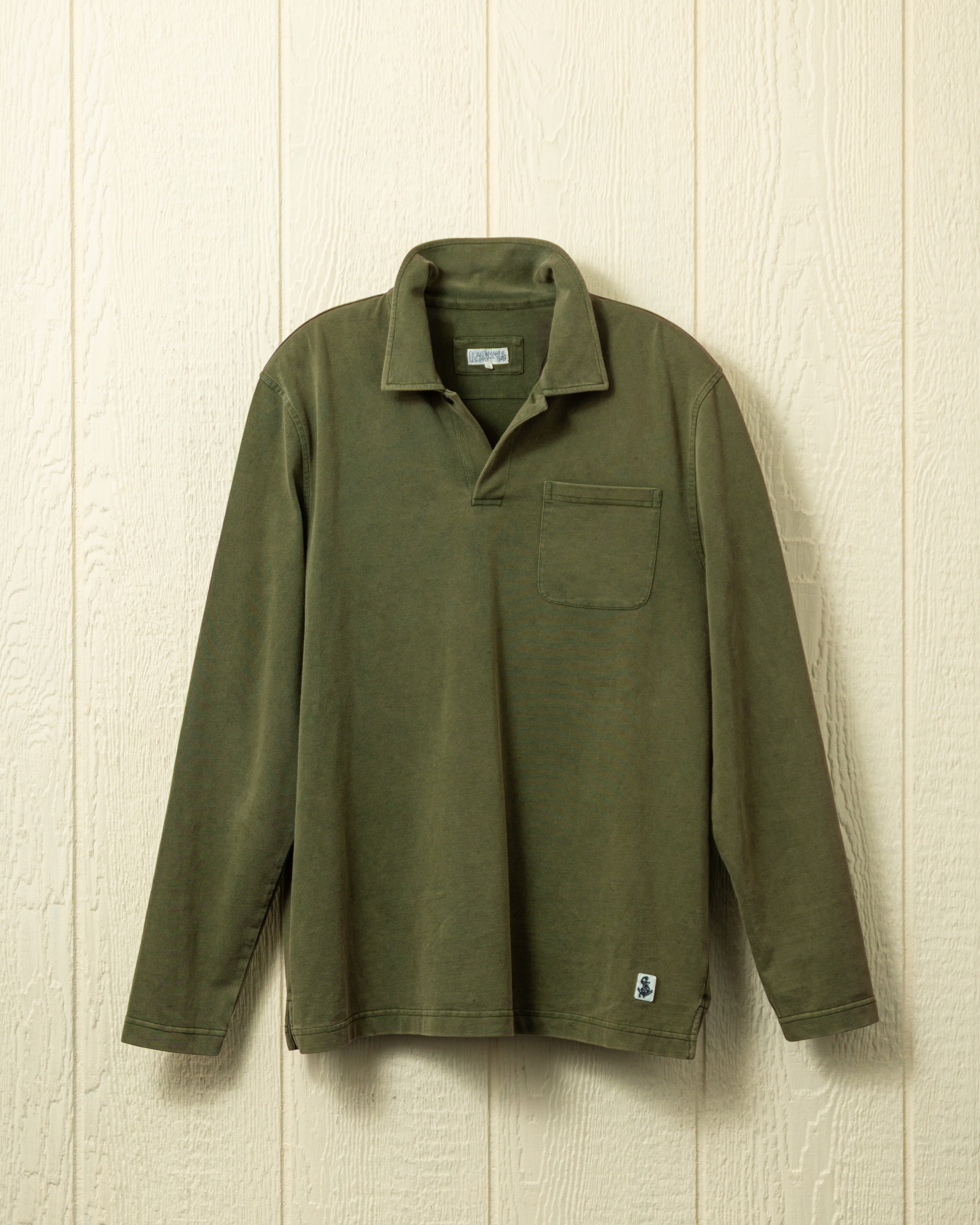Men's Long Sleeve Salt Washed Polo Shirt - Soft Moss Green Casual Button Down Top for Golf, Office & Outdoor Activities