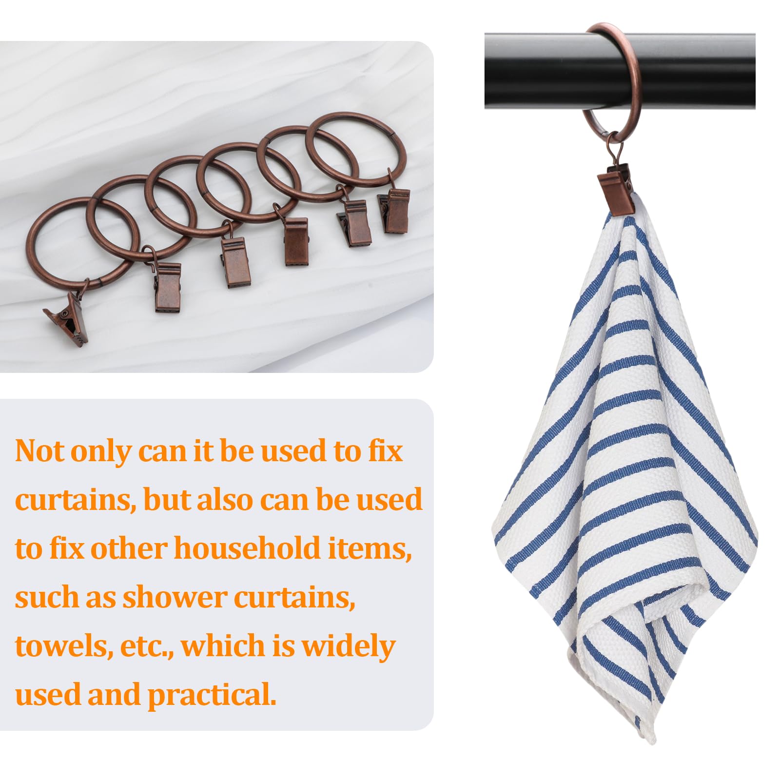 44 Pack Antique Copper Metal Curtain Rings with Clips - 1 Inch Interior Diameter Drapery Hooks for Hanging Curtains & Drapes - Perfect for Living Room, Bedroom, and Home Decor