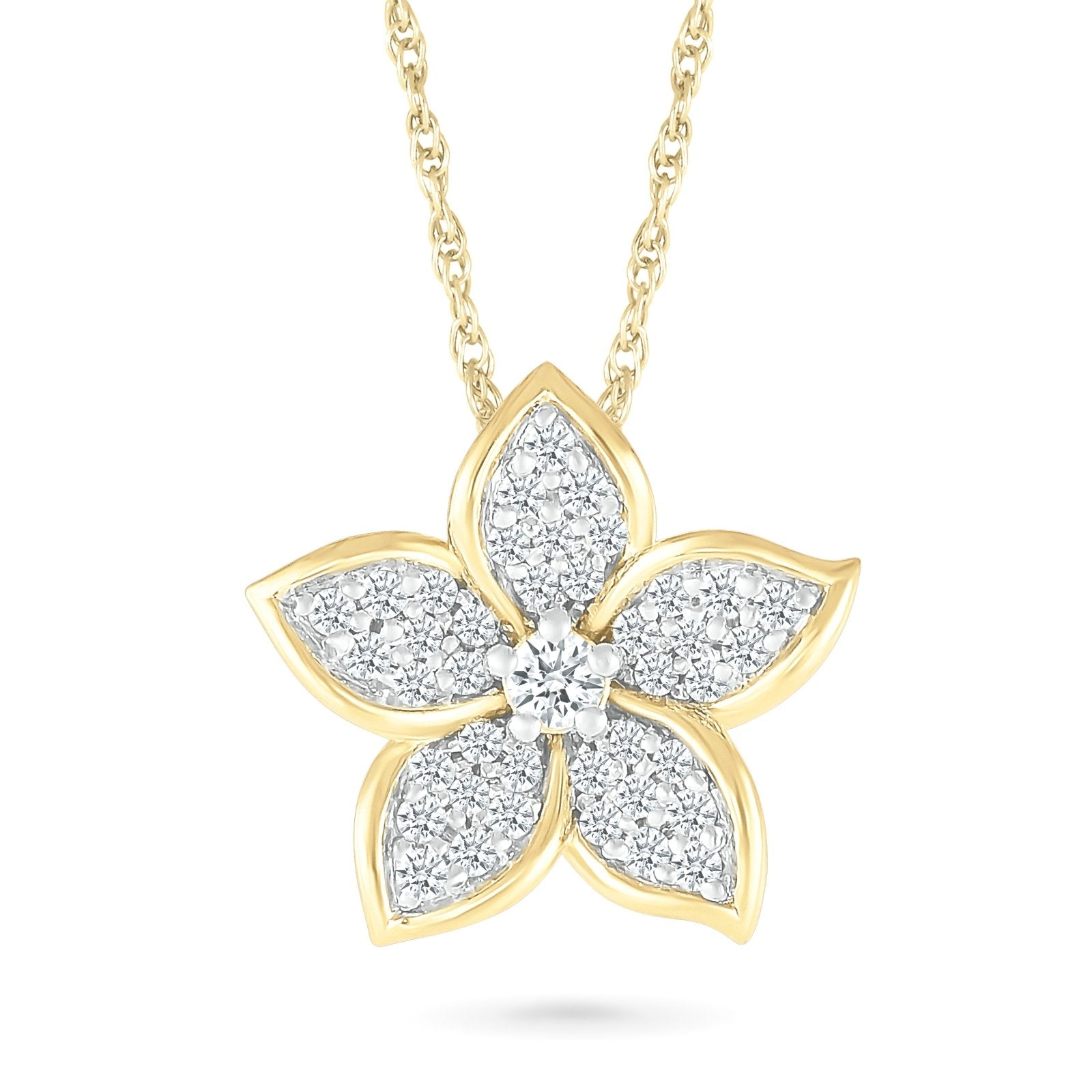10K Yellow Gold Pave Five Flower Diamond Petal Necklace with Thin Gold Bezel - Elegant Dainty Jewelry for Women, Perfect for Weddings, Anniversaries & Special Occasions