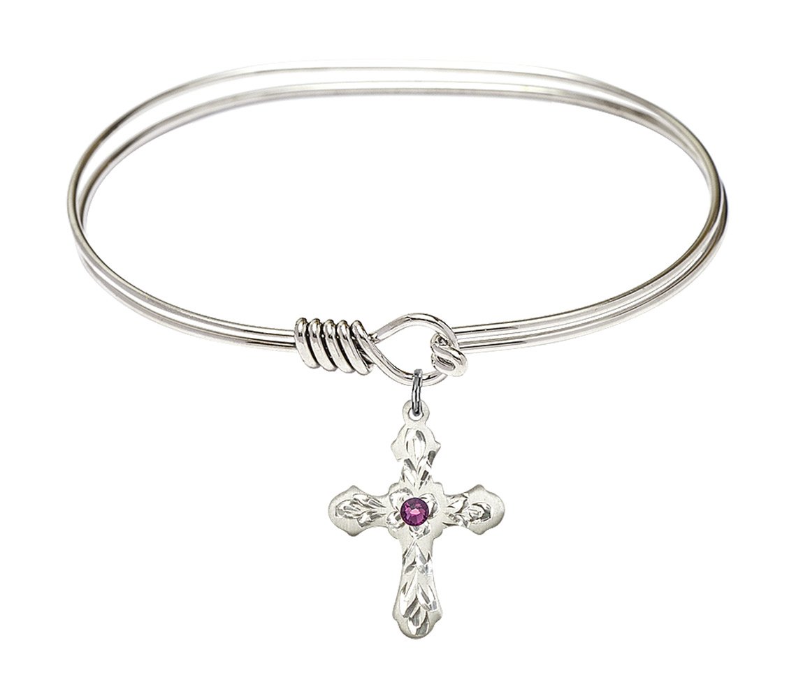 7 Inch Oval Eye Hook Bangle Bracelet with Cross Charm & February Birthstone Purple Crystal - Elegant Jewelry for Women, Gift for Valentine's Day, Birthday, Anniversary & Special Occasions