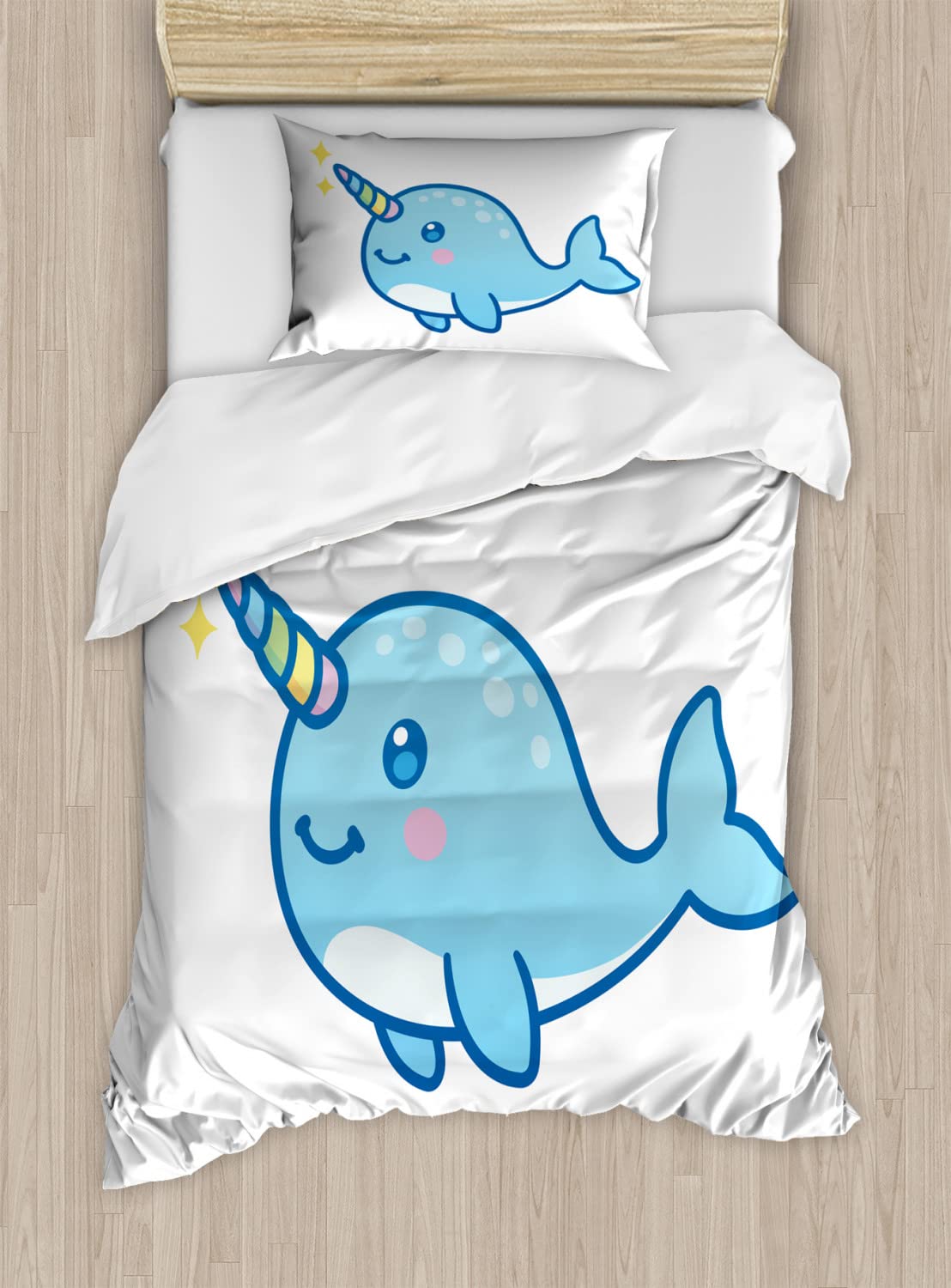 Ambesonne Narwhal Duvet Cover Set - King Size 2-Pack with 2 Duvet Covers & 4 Pillowcases | Cartoon Whale Rainbow Unicorn Ocean Arctic Animal Design in Pastel Blue | Perfect for Kids' Bedrooms, Guest Rooms & Coastal Themed Decor