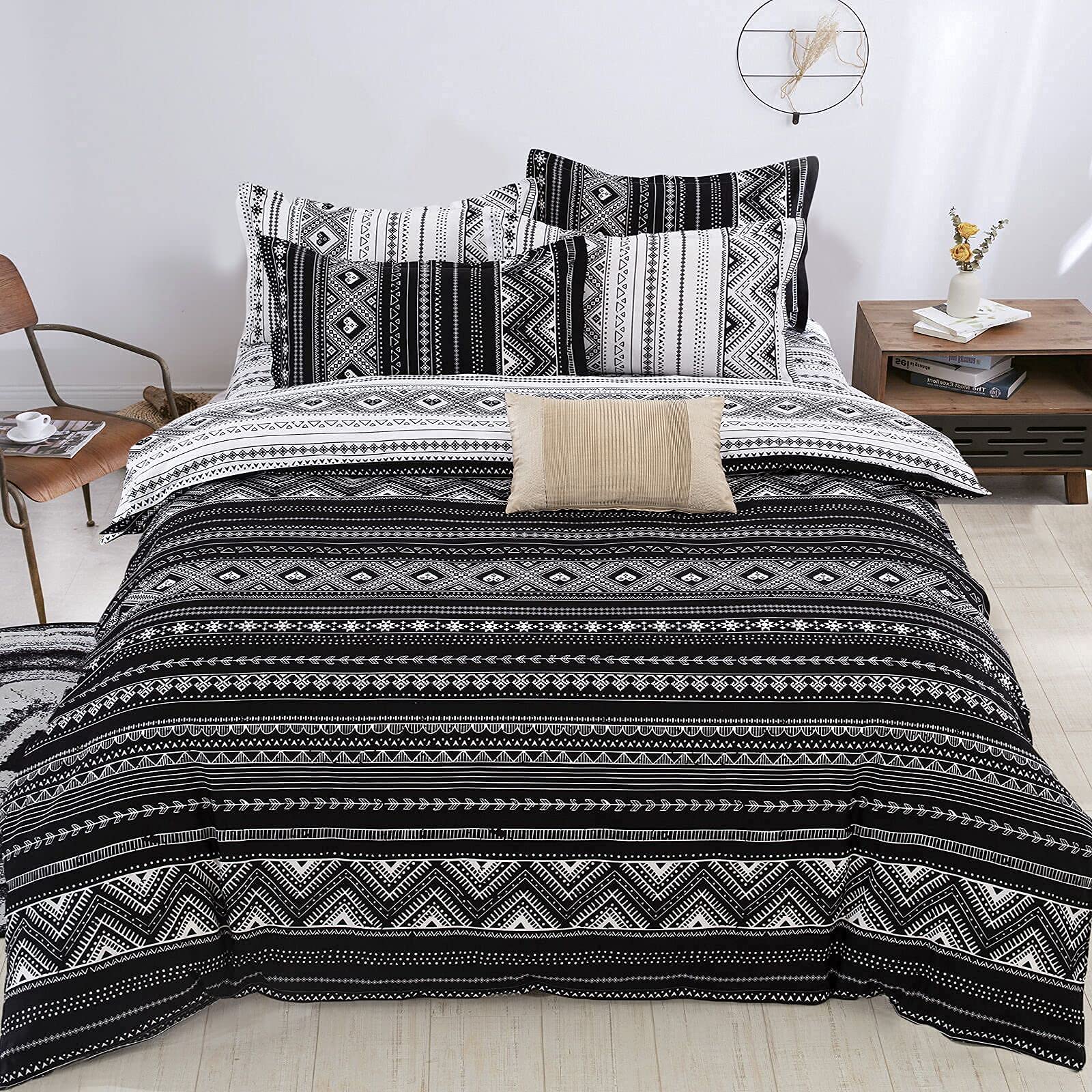 Boho Black Aztec Comforter Set Queen Size 3-Piece - Reversible Tribal Print Bedding with 2 Pillowcases, All-Season 90x90 Inch White Striped Duvet Cover - Perfect for Bohemian Bedroom Decor & Guest Room Styling