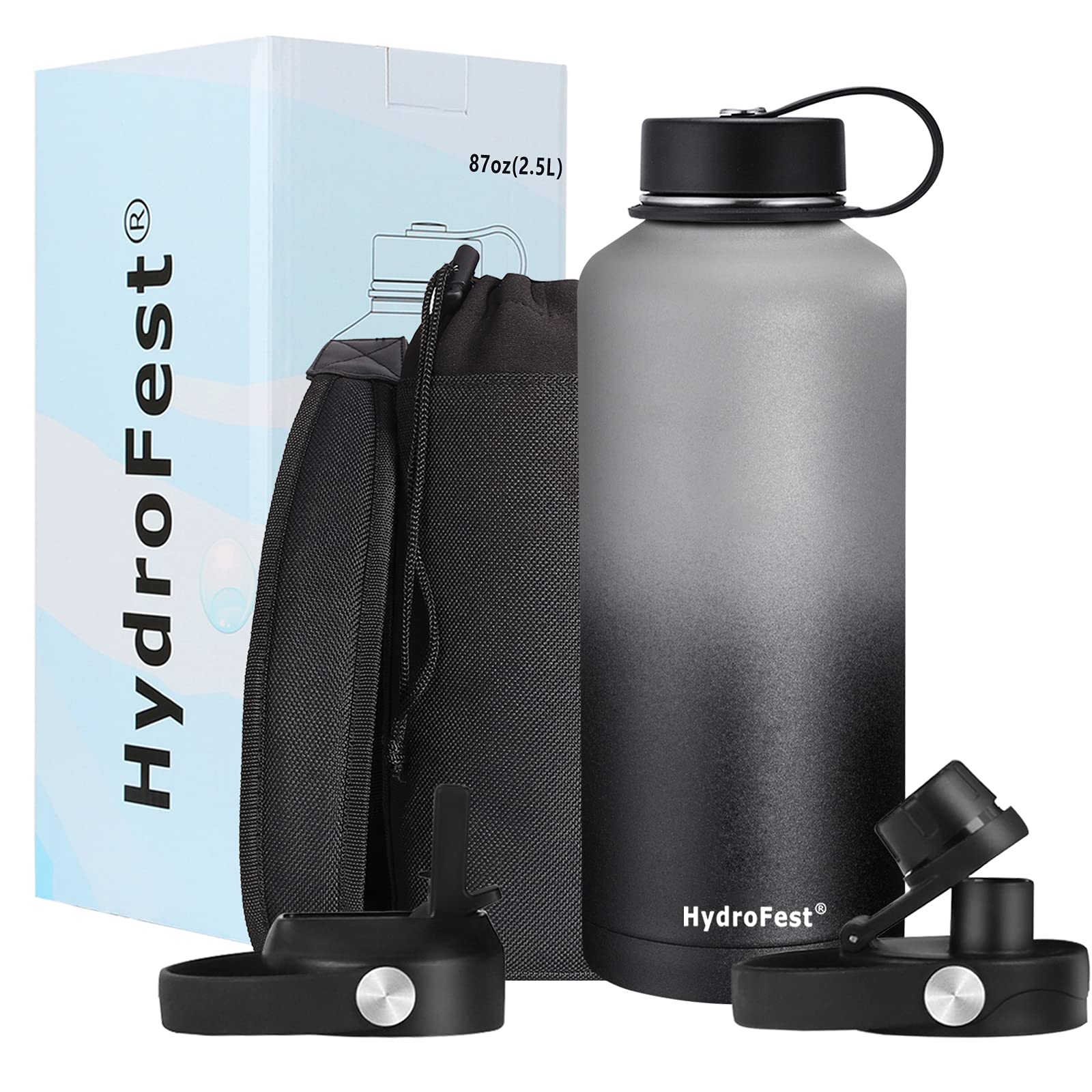 HydroFest 84oz Half Gallon Sports Water Bottle - BPA-Free Large Water Jug with Straw Lid, Spout Lid & Flex Cap - Insulated Thermos Canteen for Gym, Hiking, Camping & Outdoor Activities (Gray & Night Black)