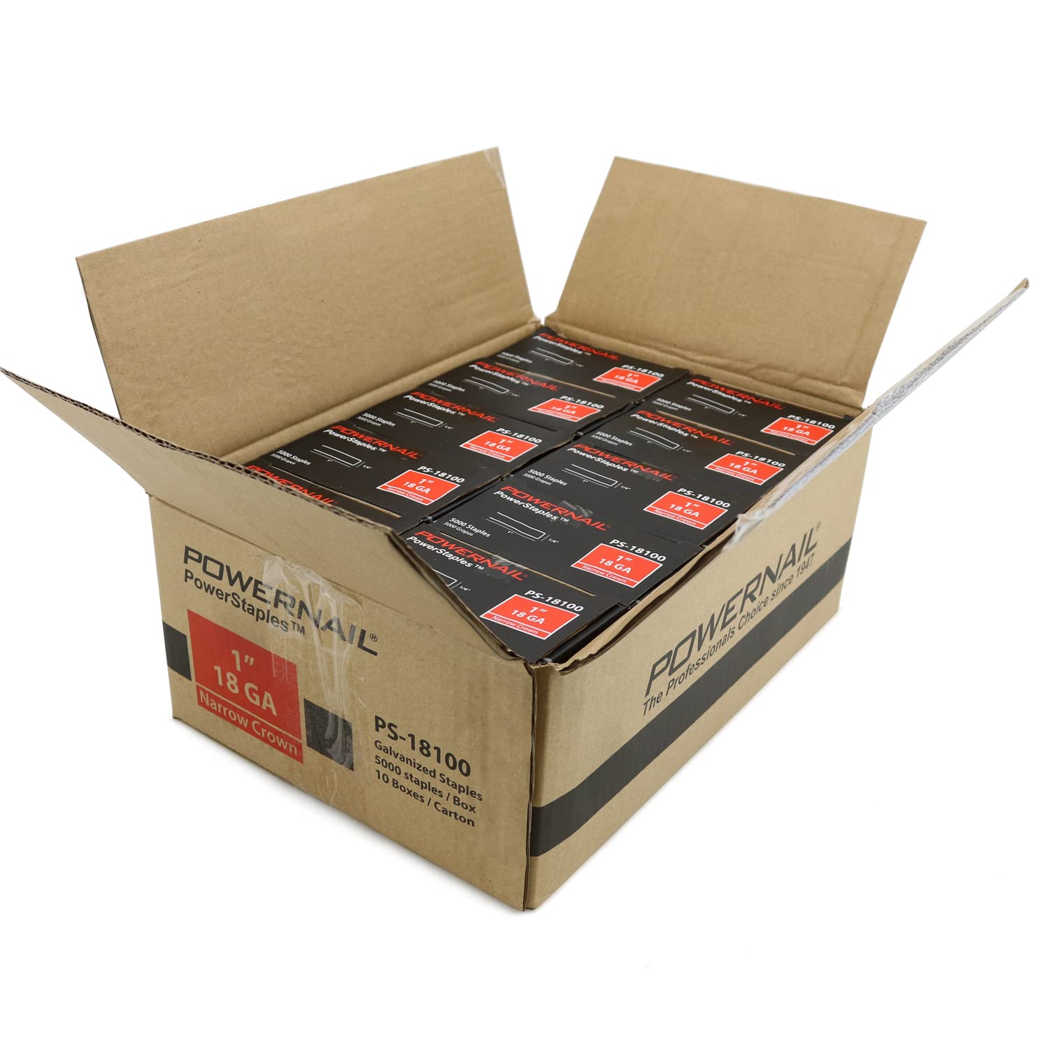 Powernail PS18100 18 Gauge 1/4 Inch Crown 1 Inch Length Chisel Point Narrow Crown Staples - 50,000 Count Case for Upholstery, Carpentry, and DIY Projects