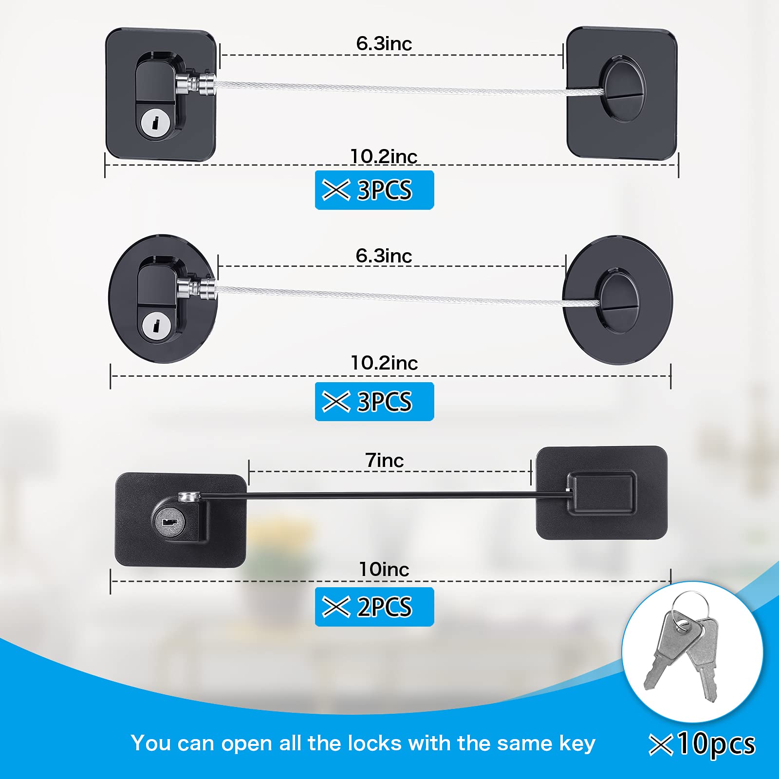 8-Piece Child Safety Refrigerator Locks with 10 Keys - Strong Adhesive Fridge & Freezer Door Locks for Baby Proofing - Cabinet Safety Locks for Kitchen, Bathroom & Nursery (Black)