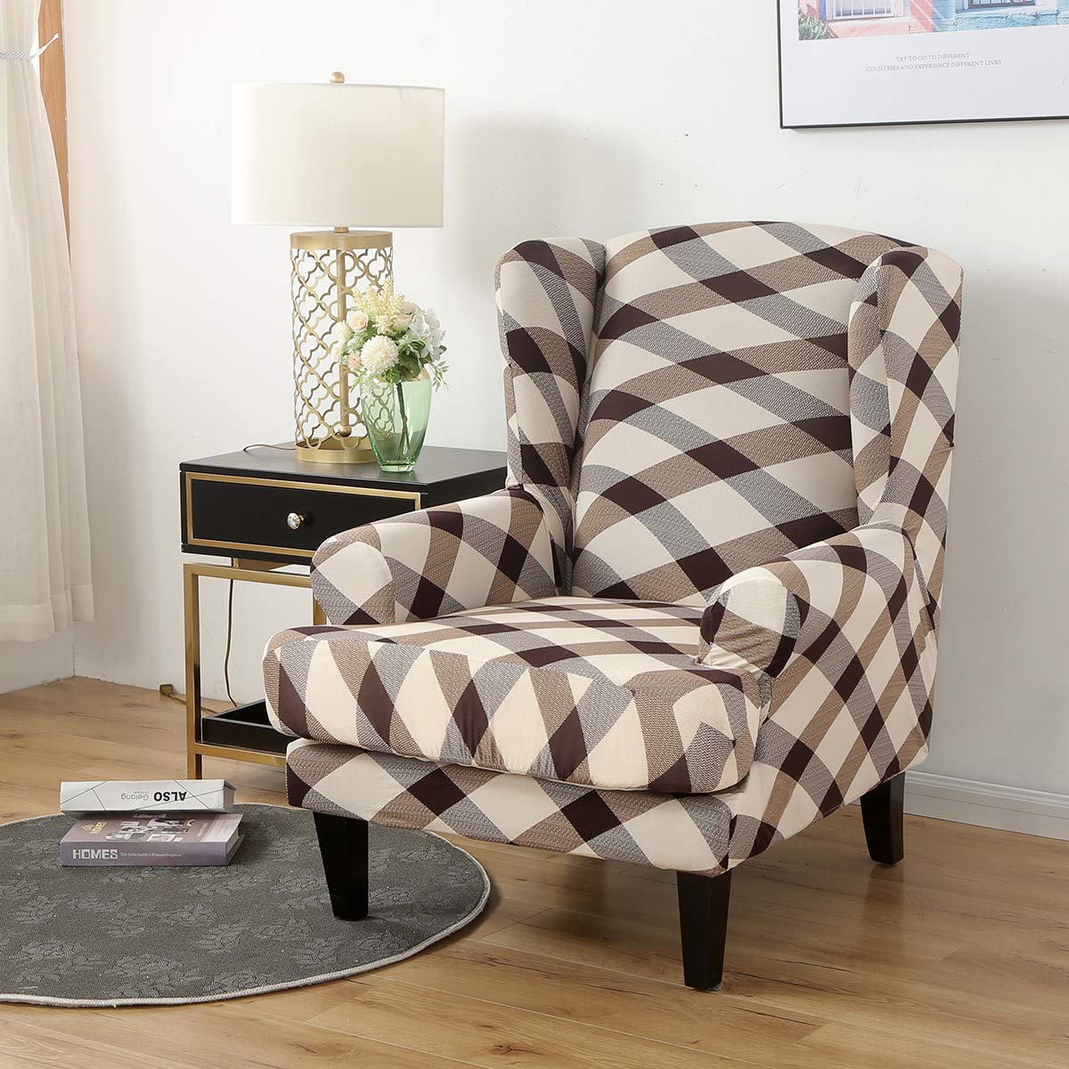 Stretch Wingback Chair Slipcovers 2-Piece Set - Washable Spandex Sofa Covers with Armrests, Furniture Protector for Living Room (Printed-05) - Perfect for Home Decor, Accent Chairs & Pet Protection