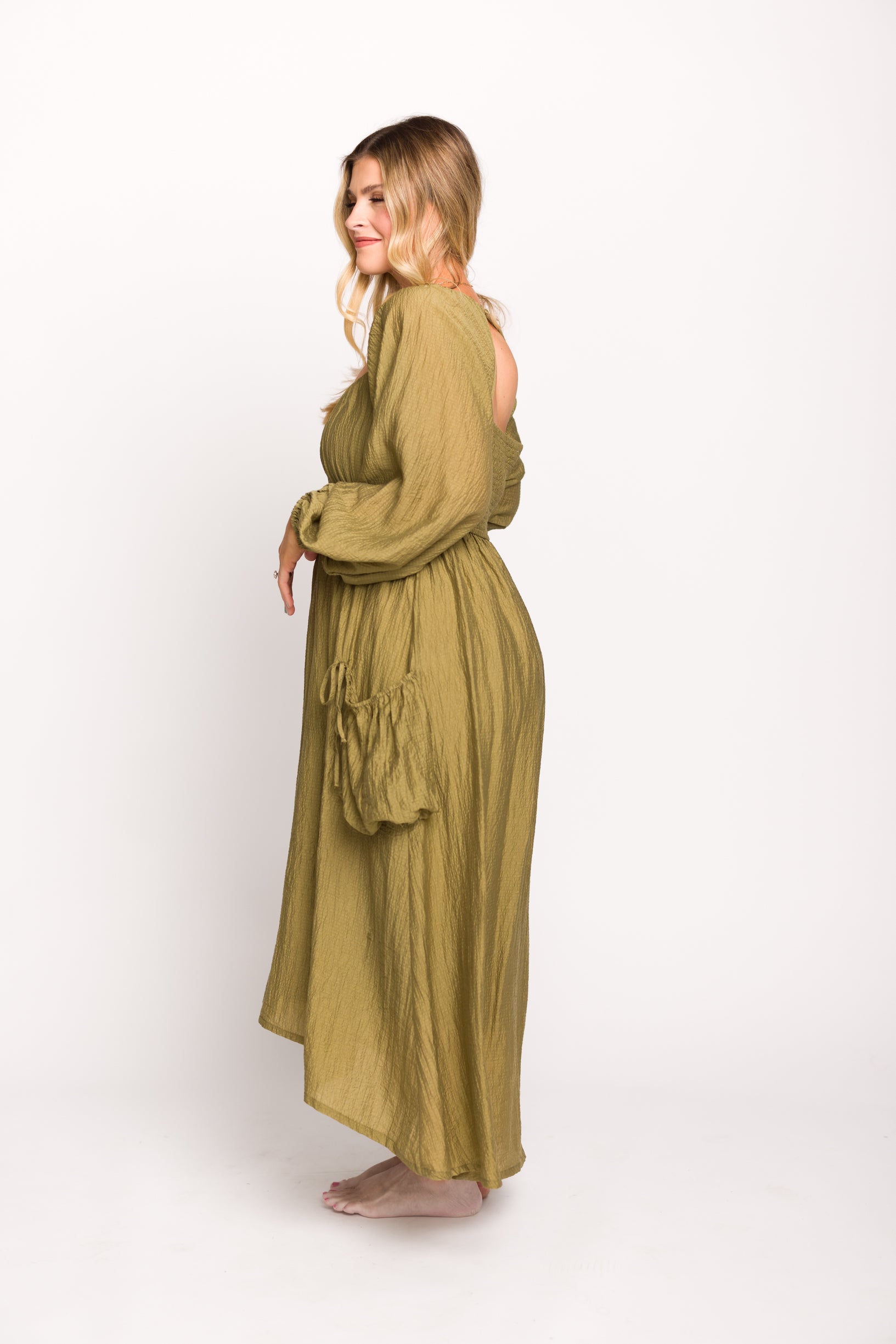 Ariana Women's Olive Long Sleeve Maxi Dress with Slouchy Pocket - Elegant Boho Style for Casual Wear, Date Night & Fall Fashion