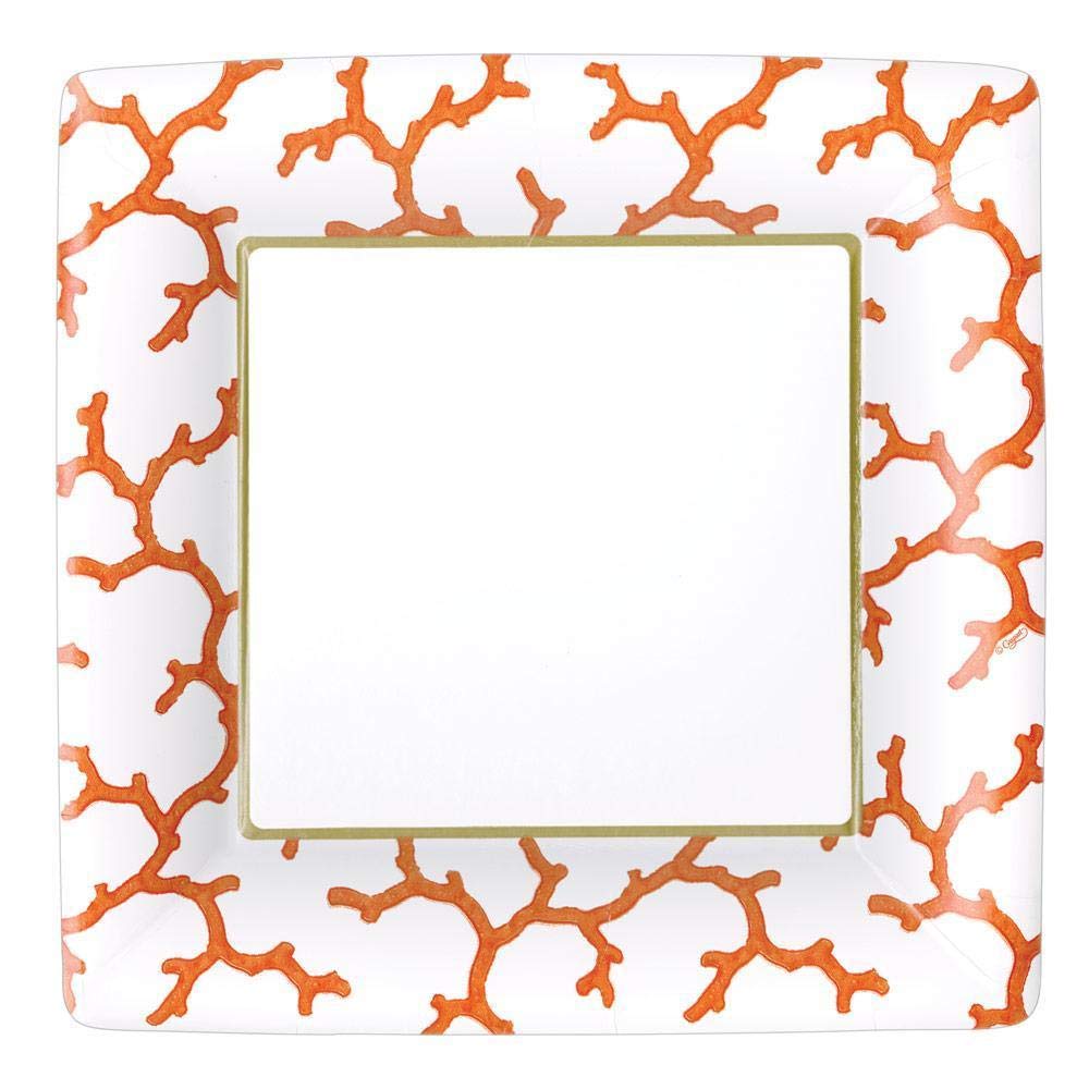 Caspari Coral Sea Square Paper Dinner Plates - 16 Count Coral Color Disposable Plates for Parties, Picnics, and Outdoor Dining