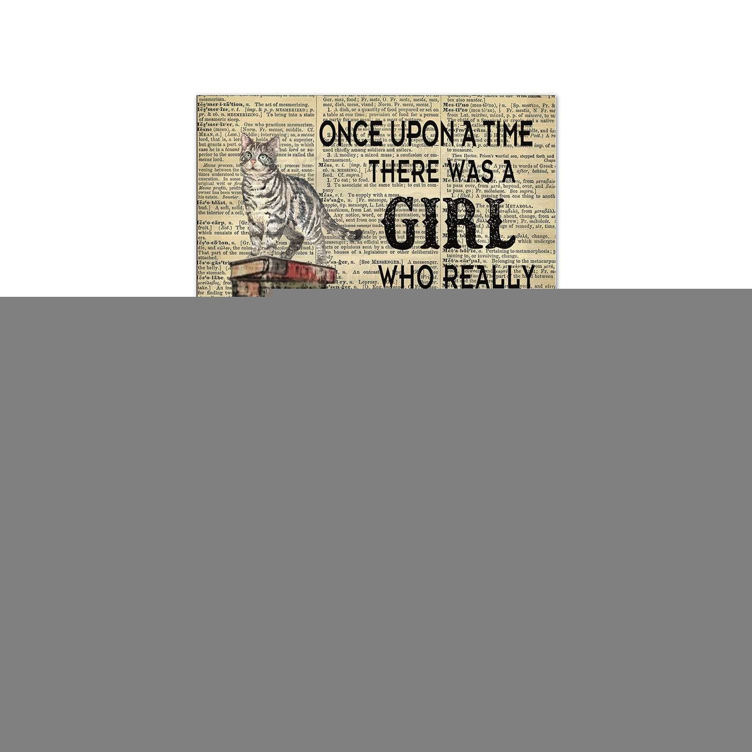 Vintage Cat and Book Lover Poster - Once Upon A Time There Was A Girl Who Loved Books & Cats - 12x18 Inch Wooden Framed Canvas Wall Art - Perfect for Home Decor, Library, Bookstore & Cat Lover Gifts