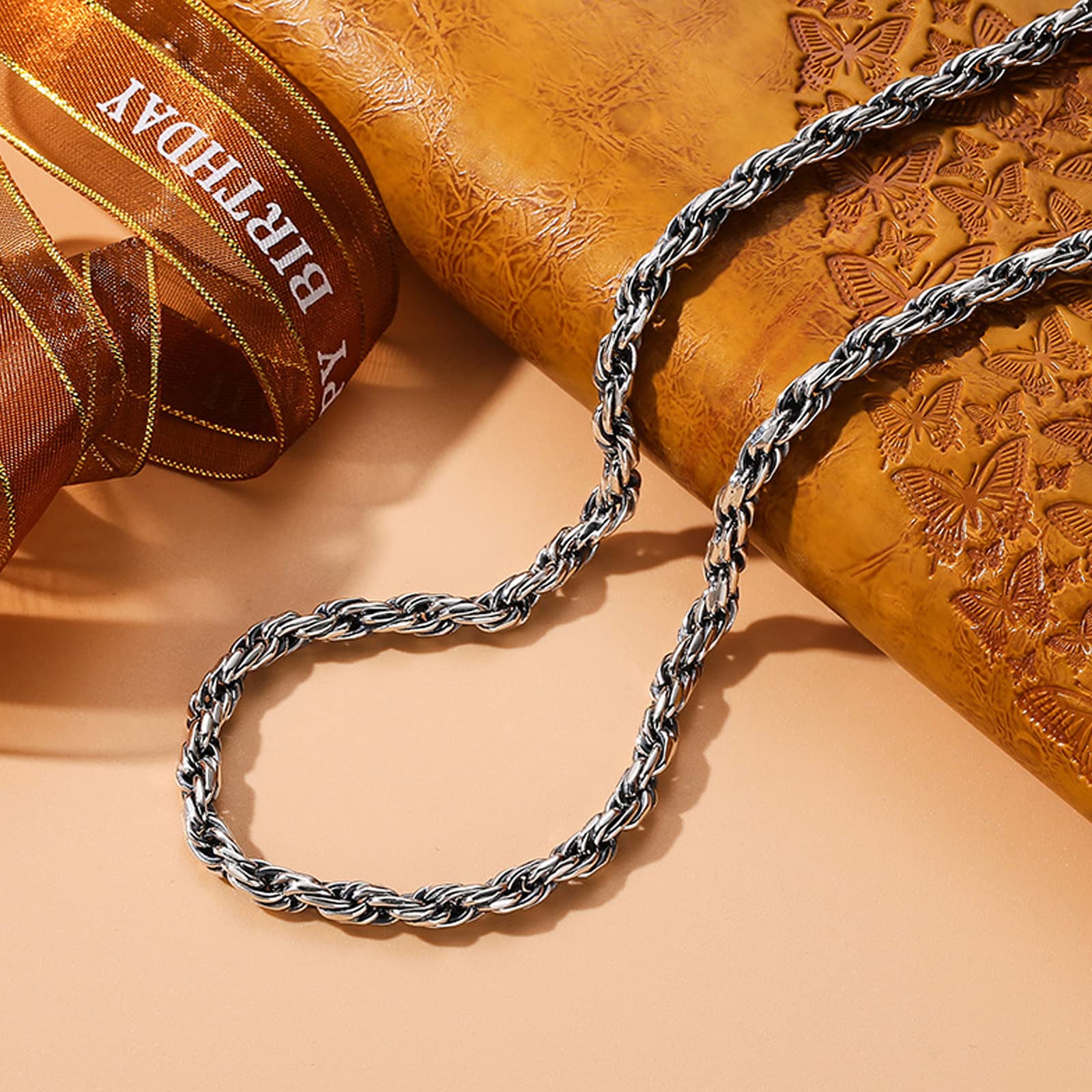 925 Sterling Silver Rope Chain Necklace for Men & Women - Vintage Thai Style Twisted Rope Oxidized Silver Necklace (20-28 Inch) - Perfect Gift for Anniversary, Birthday & Everyday Wear