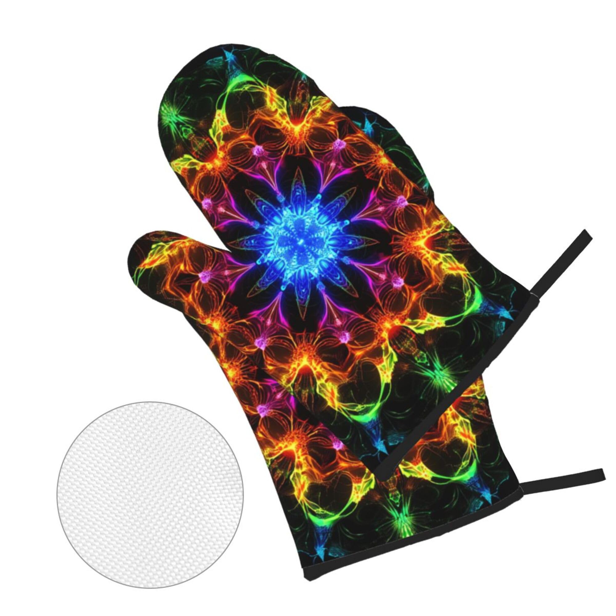 Vintage Neon Mandala Oven Mitts and Pot Holders Set of 4 - Heat Resistant Non-Slip Kitchen Gloves for Baking, Grilling, BBQ & Cooking | Perfect for Home Chefs & Holiday Gifts