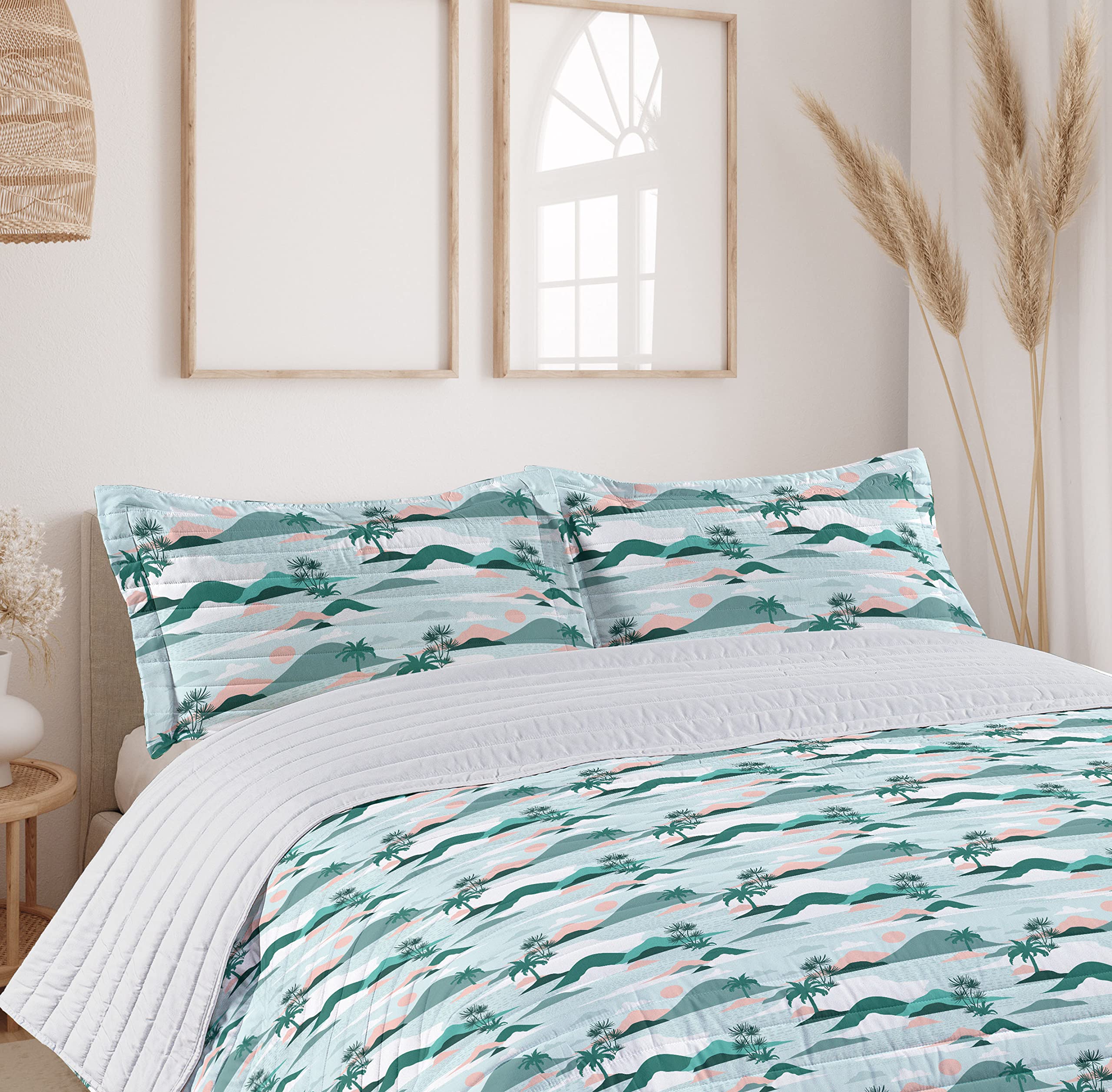 Ambesonne Hawaii King Size Microfiber Bedspread Set - Soft Pastel Palm Tree Beach Design with Pillow Shams & Comforter in Teal Blush | Tropical Bedroom Decor for Coastal & Vacation Style Homes