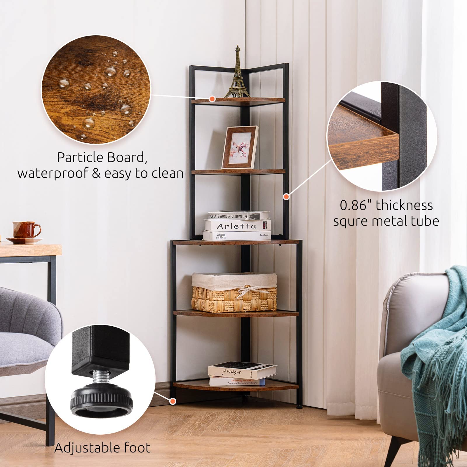 Apicizon 5-Tier Corner Shelf - Industrial Metal Frame Bookcase, Rustic Brown Storage Rack for Books, Plants & Decor | Perfect for Small Spaces, Home Office, Kitchen & Living Room Display