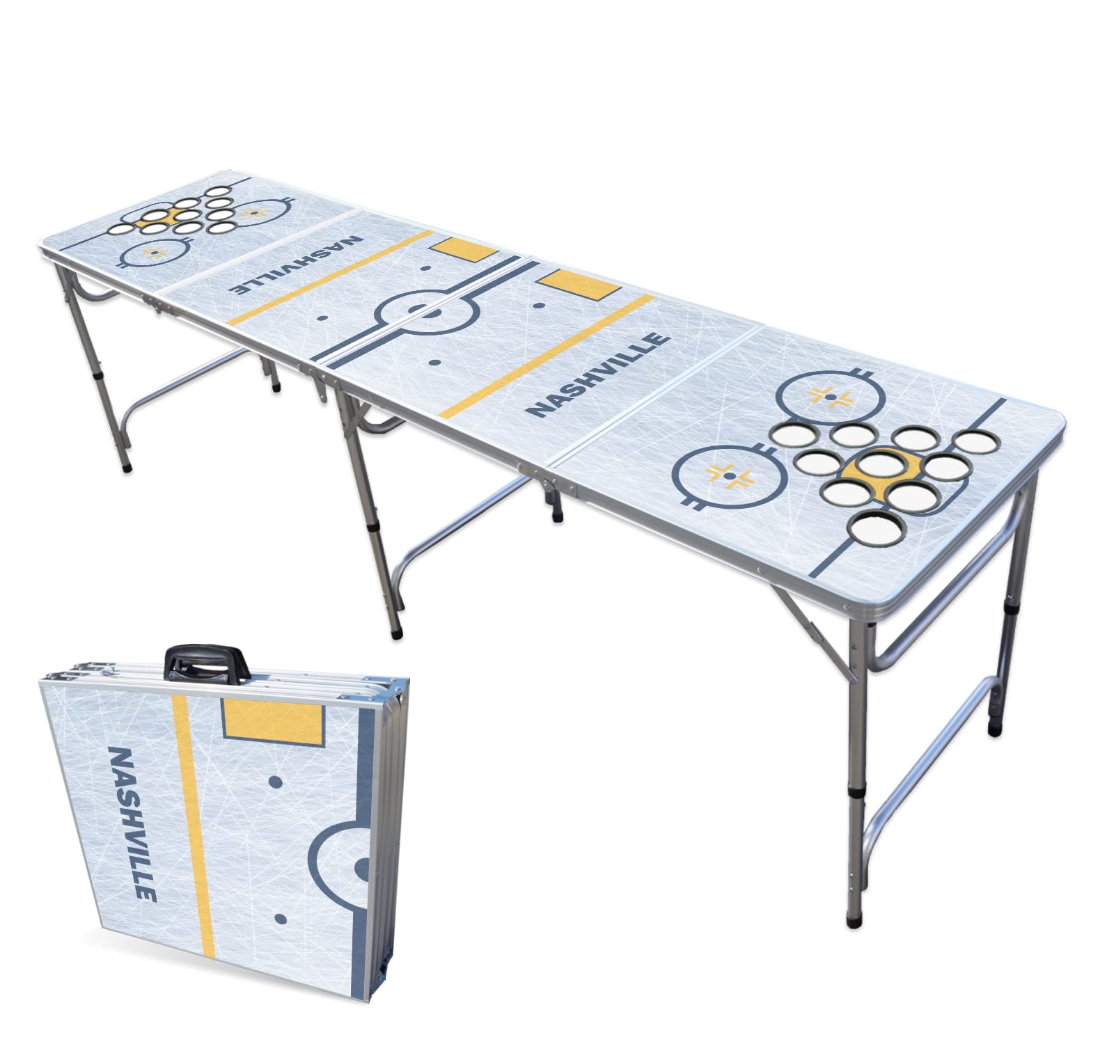 8-Foot Folding Portable Beer Pong Table with LED Lights & Optional Cup Holders - Nashville Hockey Rink Design for Outdoor Parties, Tailgates & Game Nights (Multiple Models Available)