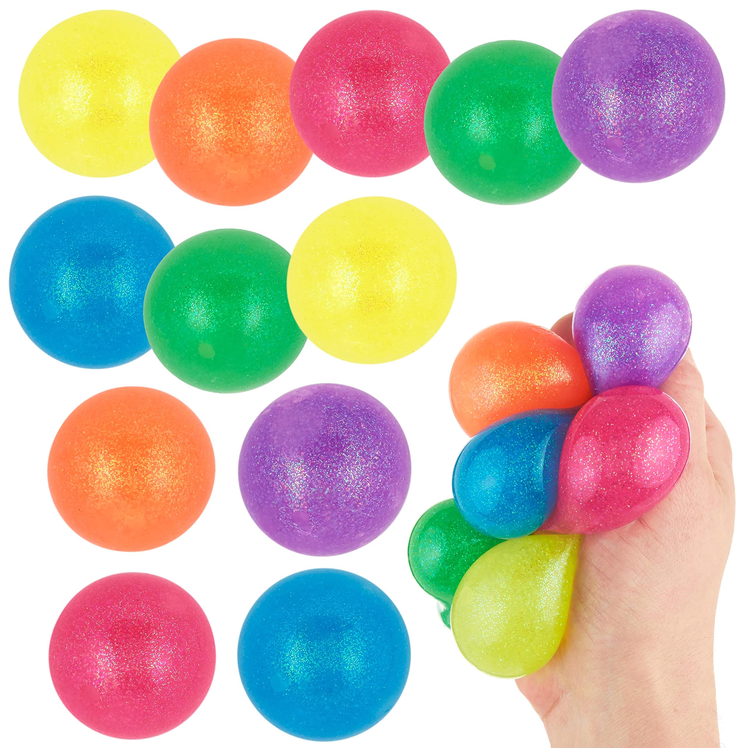 12-Piece Squeeze Ball Set - Assorted Glitter Stress Relief Fidget Toys for Adults & Kids - Anxiety Relief, Sensory Toys for Office, Classroom & Home Use - Squish, Squeeze & Throw Fun Stress Balls