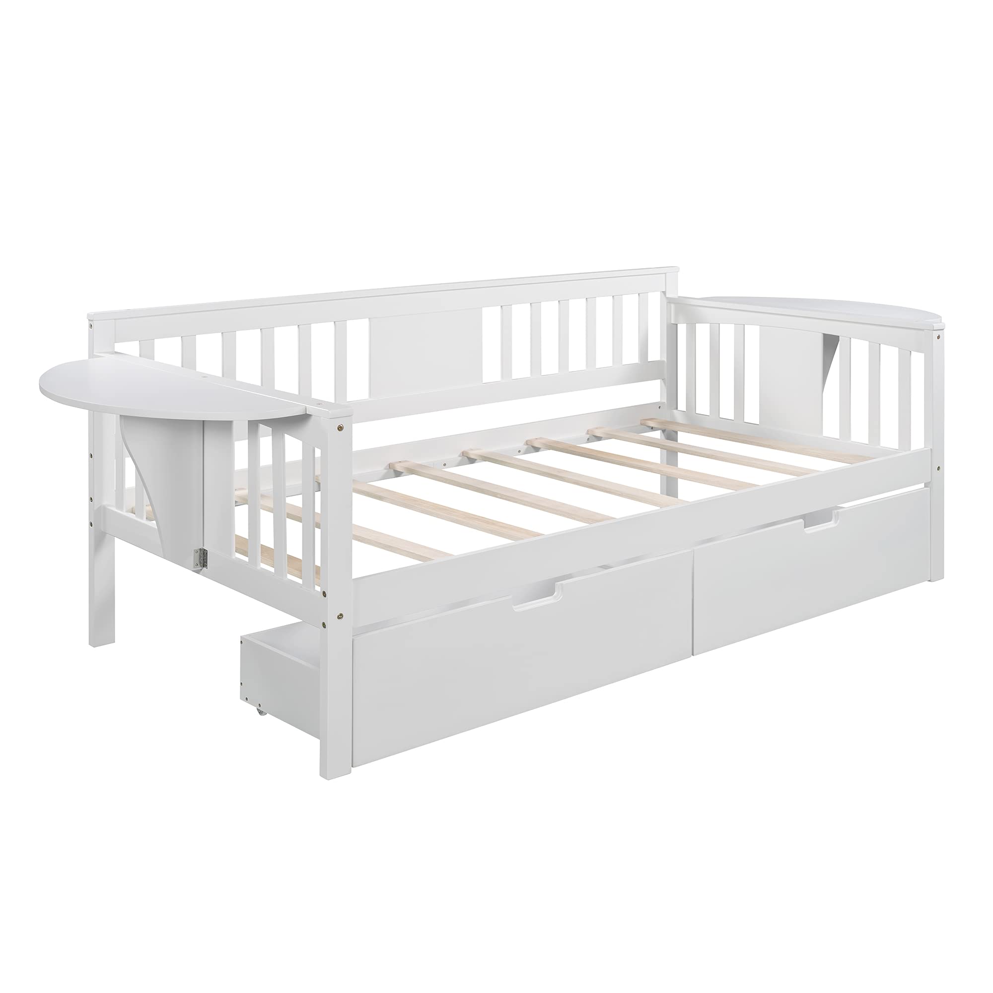White Wood Daybed with 2 Storage Drawers & Side Table - Twin Size Sofa Bed with Wood Slat Support (No Box Spring Needed) - Easy Assembly for Bedroom, Guest Room or Living Room - Perfect for Small Spaces & Overnight Guests