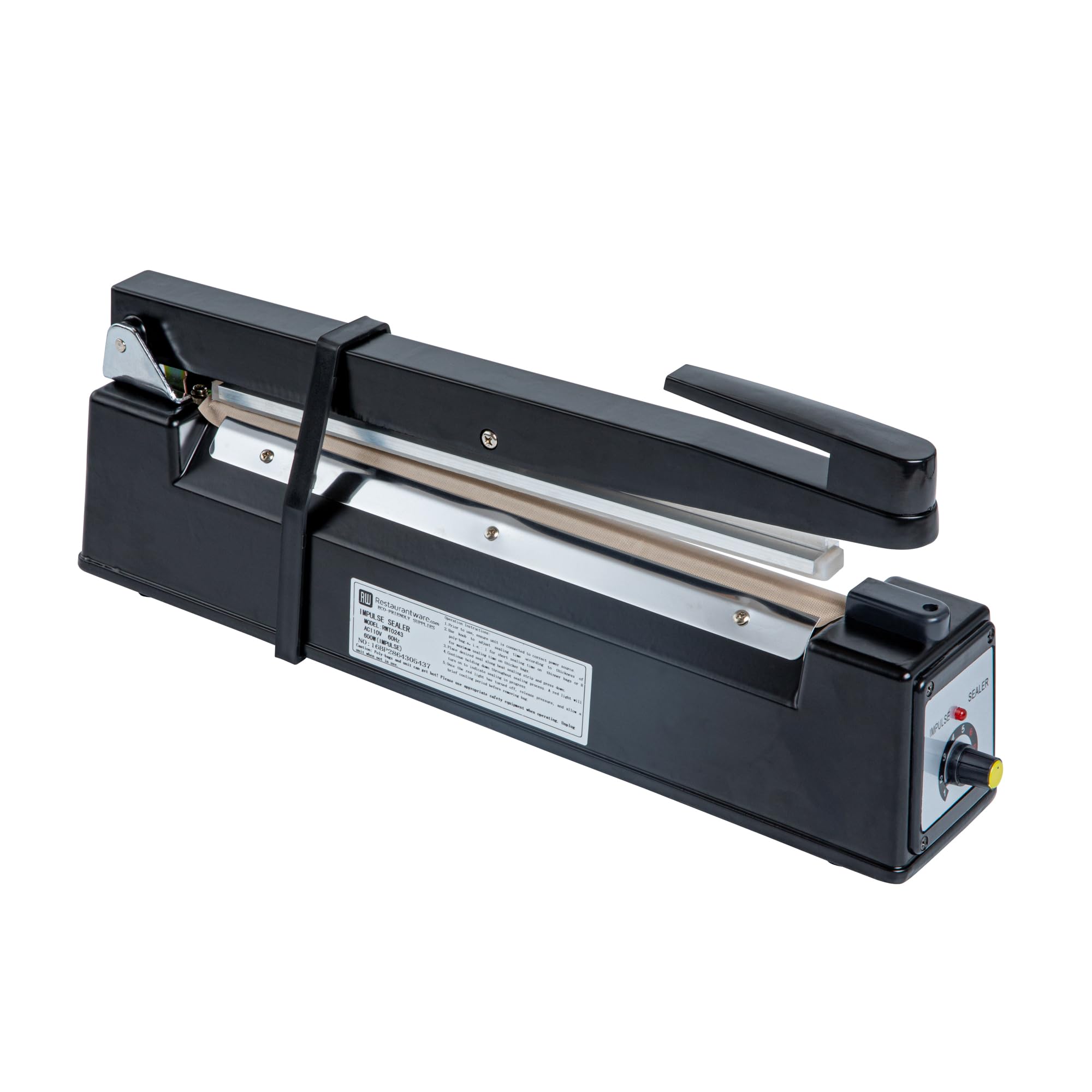 Restaurantware 12 Inch Manual Heat Sealer Machine - Industrial Grade Food Safe Impulse Sealer with Adjustable Temperature Control, Portable Black Aluminum Sealing Equipment for Food Packaging, Vacuum Sealing & Meal Prep