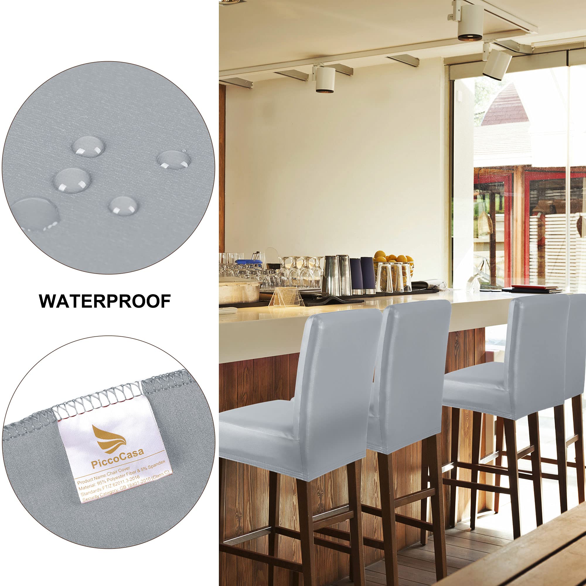 PiccoCasa Waterproof Bar Stool Covers - 4 Pack Faux Leather Pub Counter Height Chair Slipcovers with Elastic Band, Silver Gray - Perfect for Kitchen, Dining Room & Home Bar Decor
