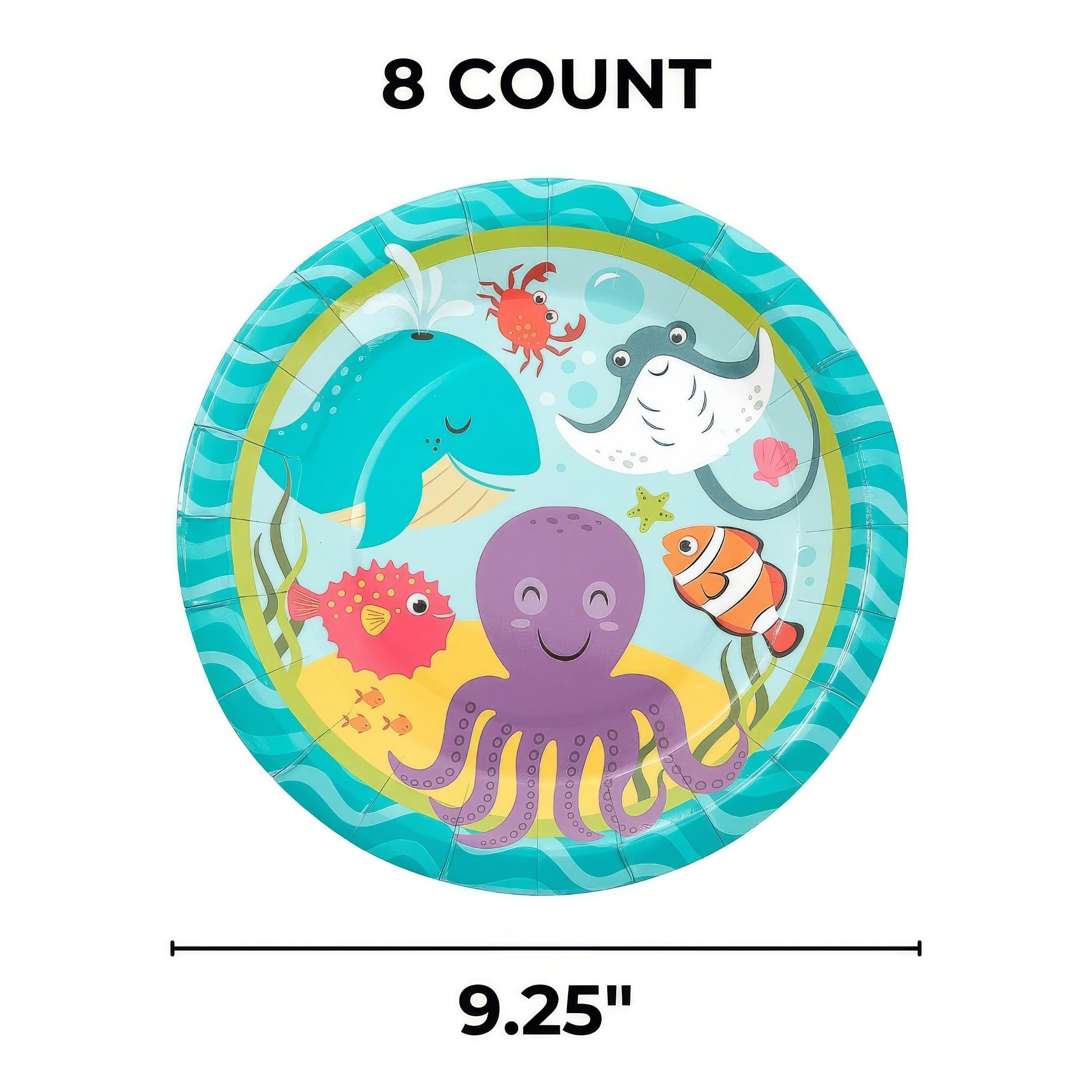 Under the Sea Party Paper Plates - 8pc Ocean Animal Theme Disposable Dinner Plates for Kids Birthday, Baby Shower & Summer Party Decorations - Sea Turtle, Dolphin & Fish Design