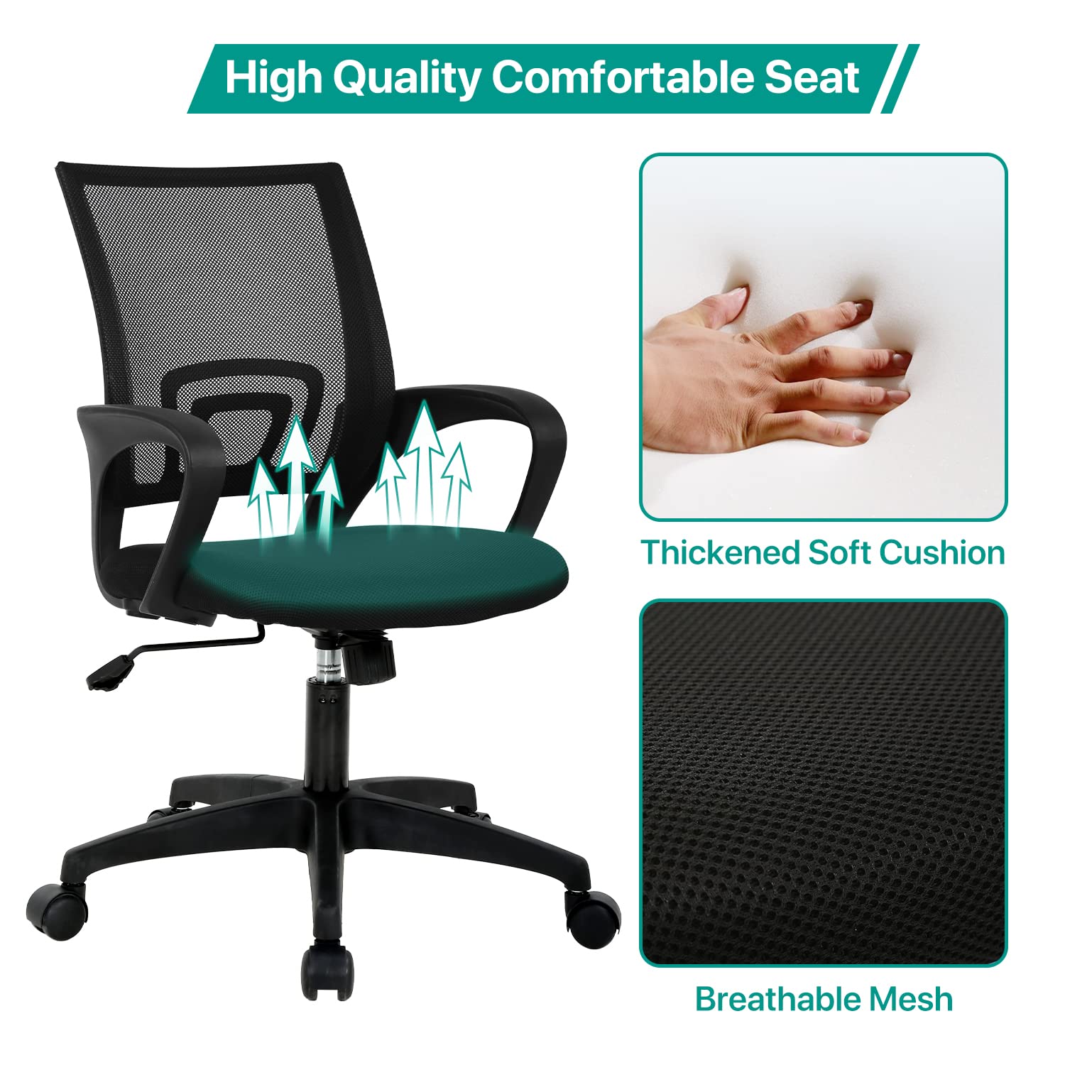 Ergonomic Office Chair with Lumbar Support - Adjustable Mid-Back Mesh Computer Chair with Armrests & Swivel Wheels for Home Office - Perfect for Long Work Hours & Video Conferencing, Black