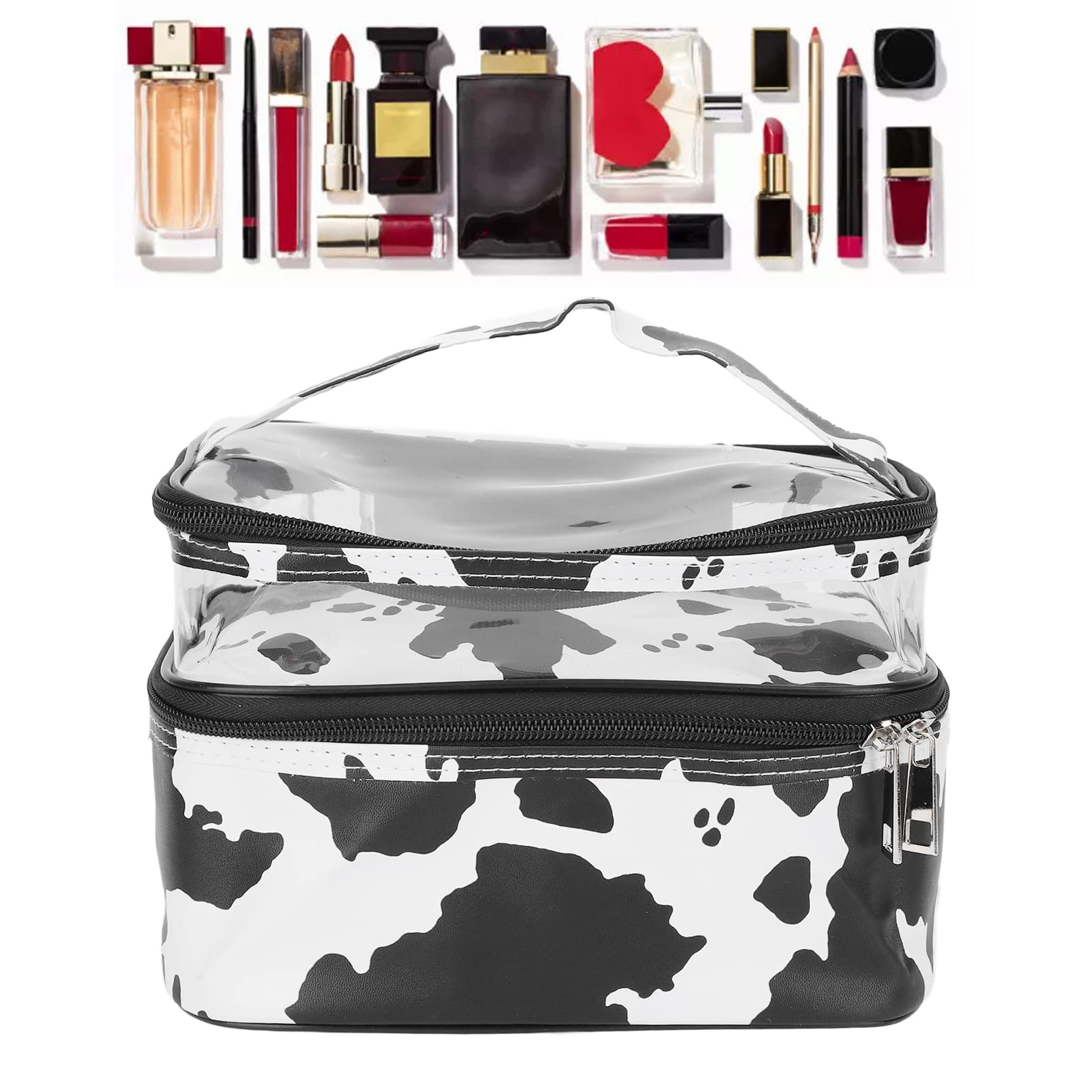 Cute Cow Print Double Layer Makeup Bag - Large Capacity 21x18x16cm Travel Cosmetic Organizer for Women | Perfect for Travel, Gym & Daily Makeup Storage