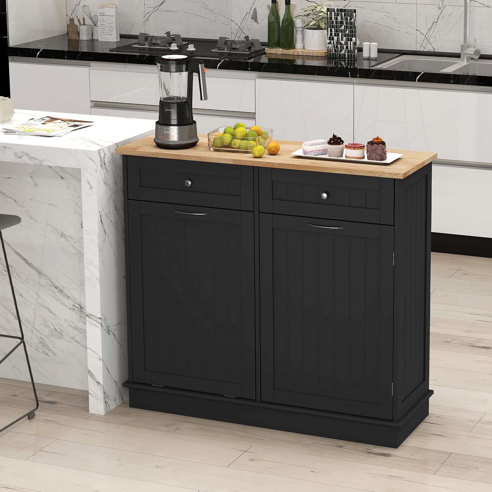 Freestanding Tilt-Out Trash Cabinet with 2 Drawers & Adjustable Shelf - Rubber Wood Countertop Kitchen Island Organizer, Laundry Hamper & Pet-Proof Recycle Bin Holder (Black) - Perfect for Small Kitchens, Laundry Rooms & Pet-Friendly Homes