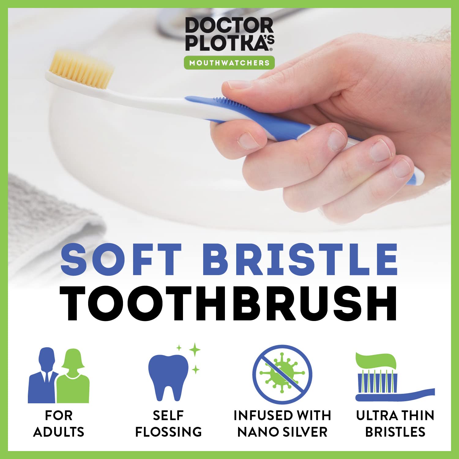 MOUTHWATCHERS Soft Flossing Toothbrush 2-Pack - Ultra Clean Manual Soft Bristle Toothbrush for Adults & Sensitive Teeth - Dentist Designed by Dr. Plotka - Perfect for Travel, Home & Office Use