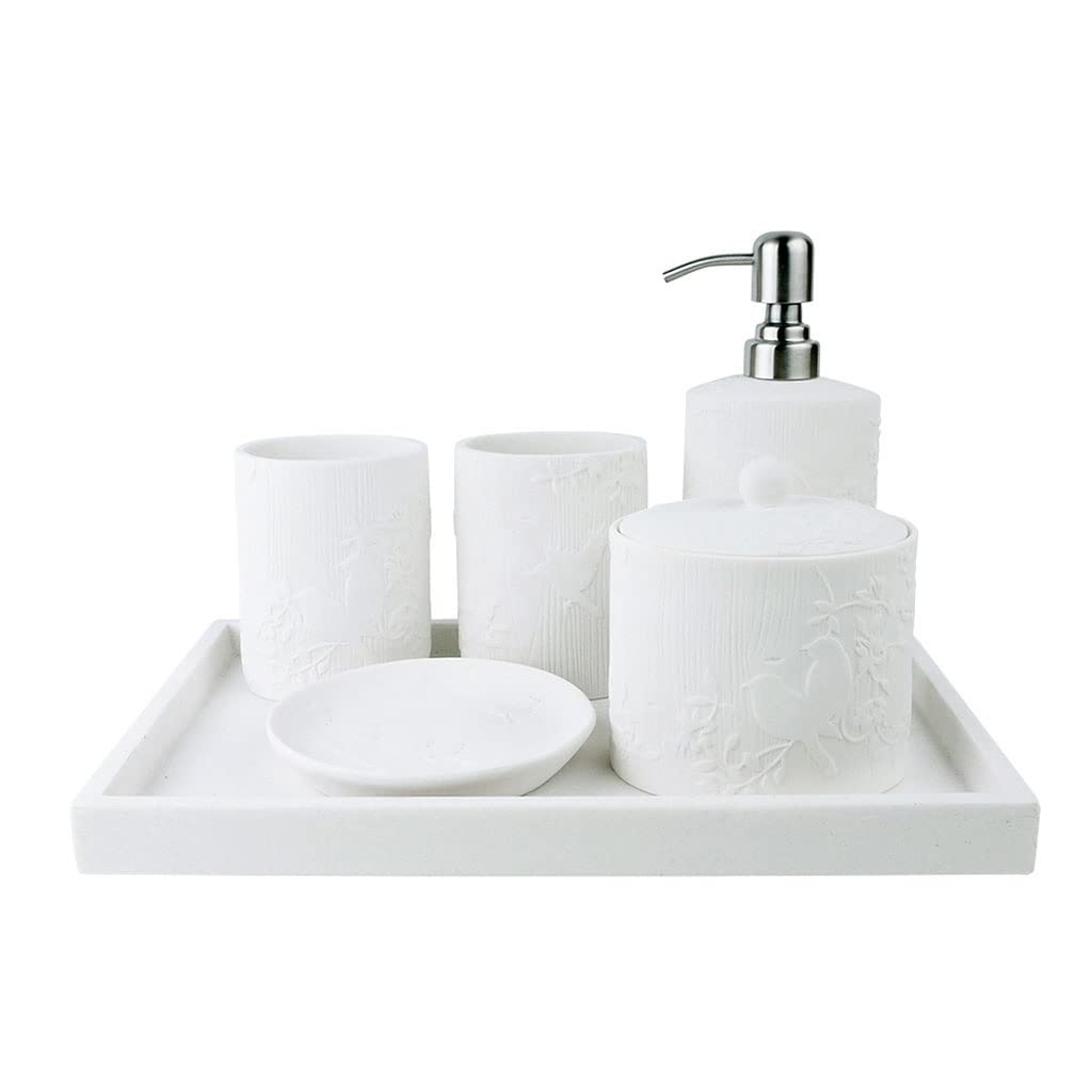 White 6-Piece Bathroom Soap Dispenser Set with Tray - Includes Soap Pump, Mouthwash Cup, Soap Dish & Cotton Swab Canister for Modern Bathroom Organization | Perfect for Home, Hotel & Spa Decor