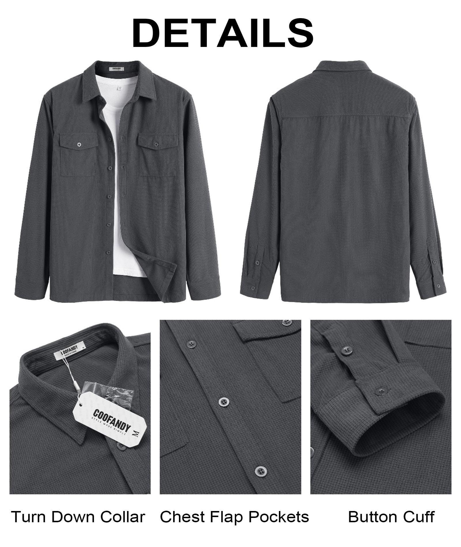 COOFANDY Men's Lightweight Waffle Shirt Jacket - Casual Button Down Long Sleeve Shacket with Flap Pockets | Perfect for Outdoor Activities, Work & Everyday Wear