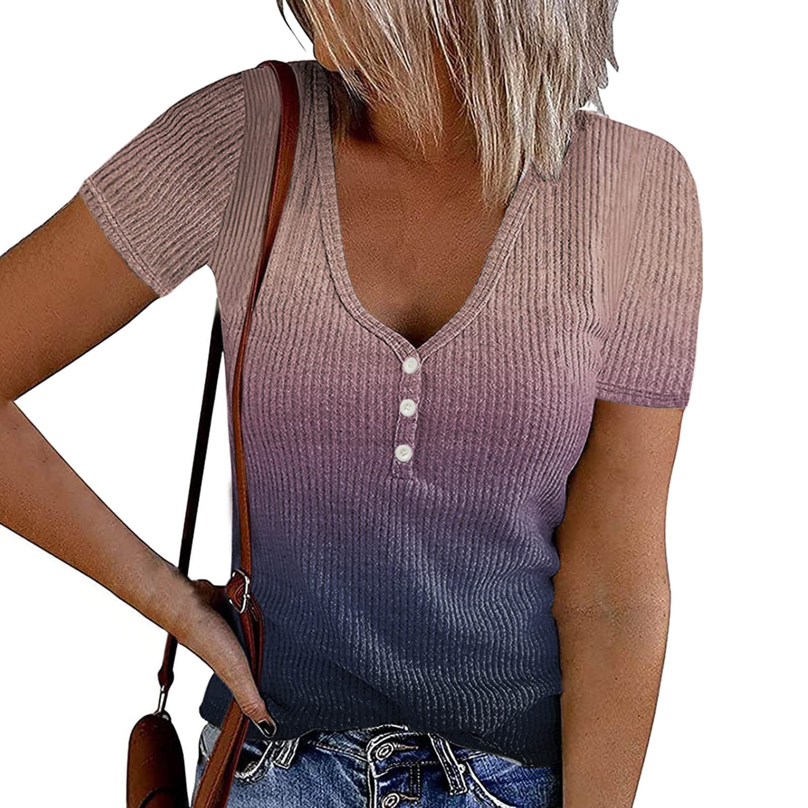 Women's Short Sleeve Button-Up V-Neck Ribbed Blouse - Summer Gradient Casual Tee Shirt & Oversized T-Shirt for Women | Perfect for Beach Outings, Casual Wear & Summer Fashion