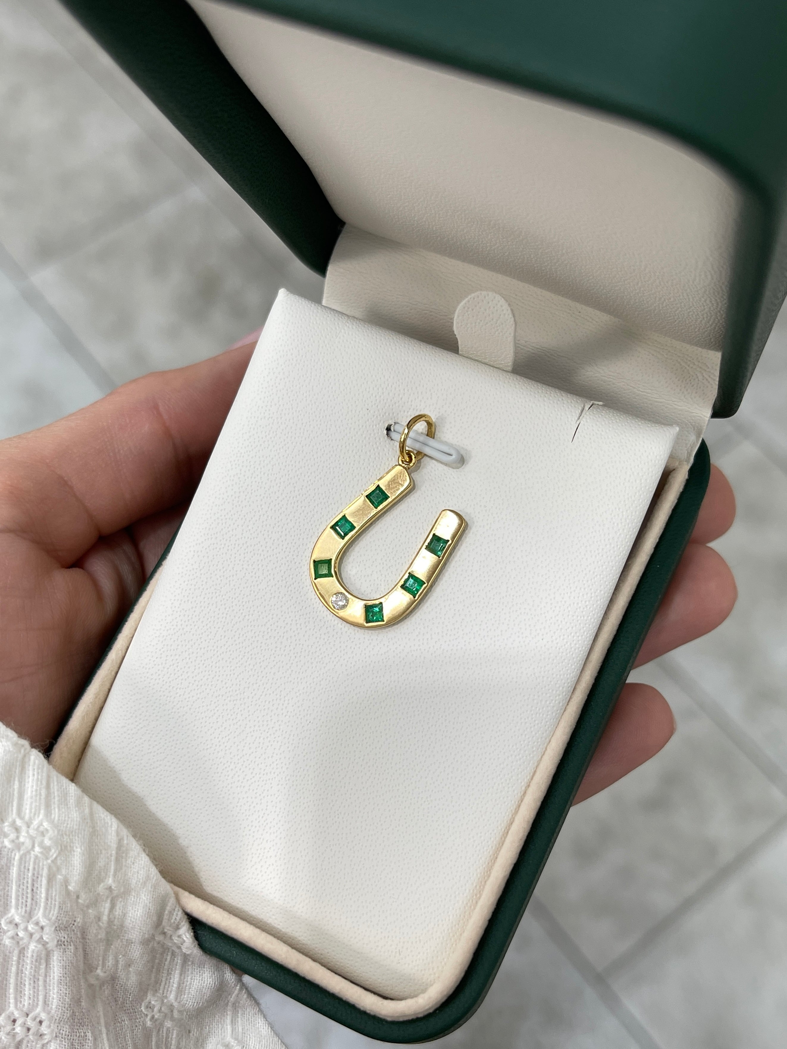 0.66tcw 14K Gold Brushed Emerald & Diamond Horseshoe Pendant Necklace - Elegant Jewelry Gift for Women, Perfect for Birthdays, Anniversaries & Special Occasions