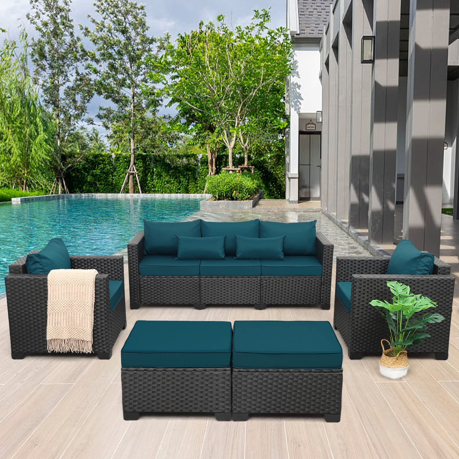 5-Piece Rattan Patio Furniture Set with Anti-Slip Cushions & Waterproof Covers - Outdoor Wicker Sofa, Chairs & Ottoman in Peacock Blue - Perfect for Garden, Poolside & Backyard Relaxation